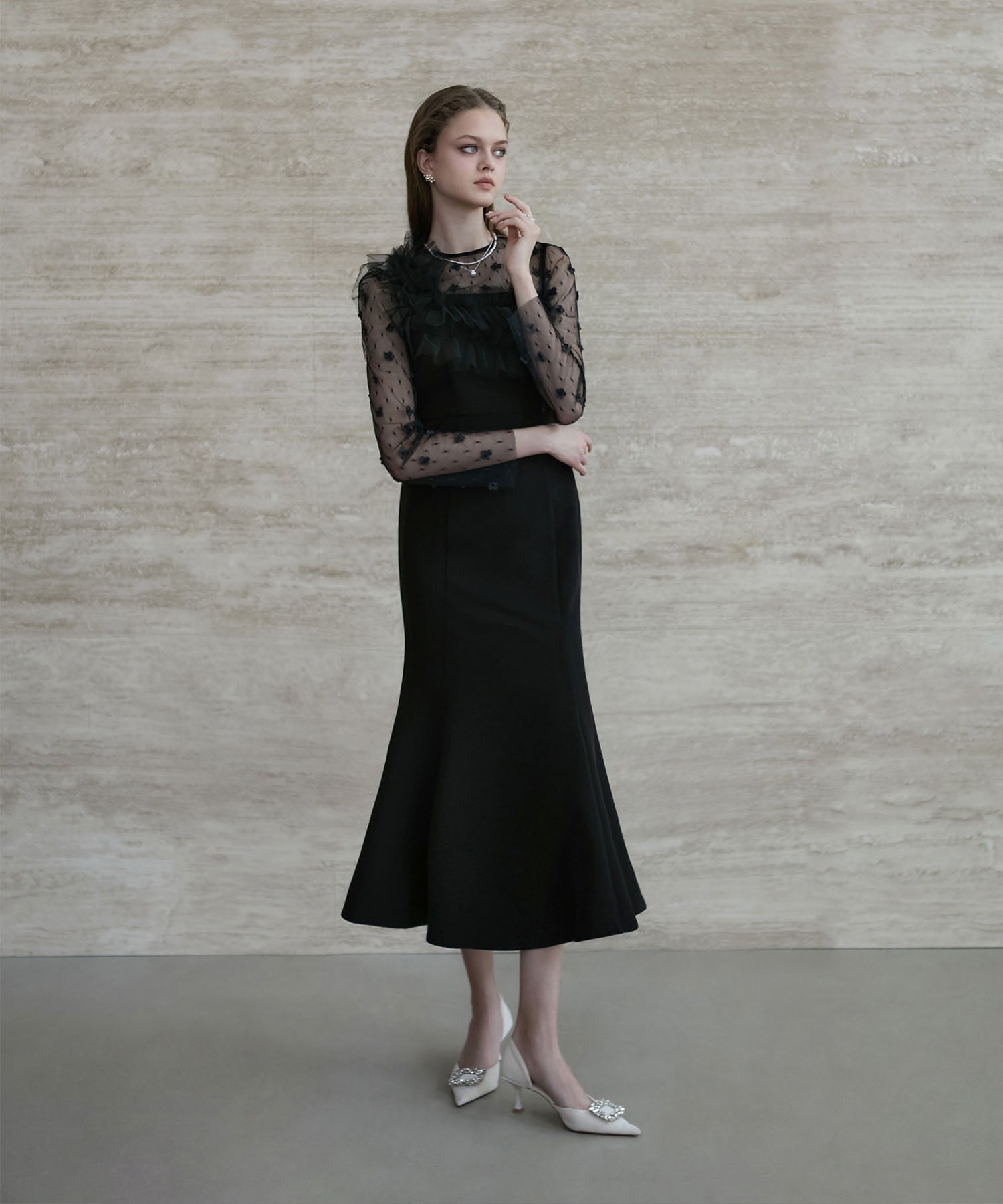 【当日発送】フラワーモチーフアシンメトリーチュールマーメイドワンピースドレス