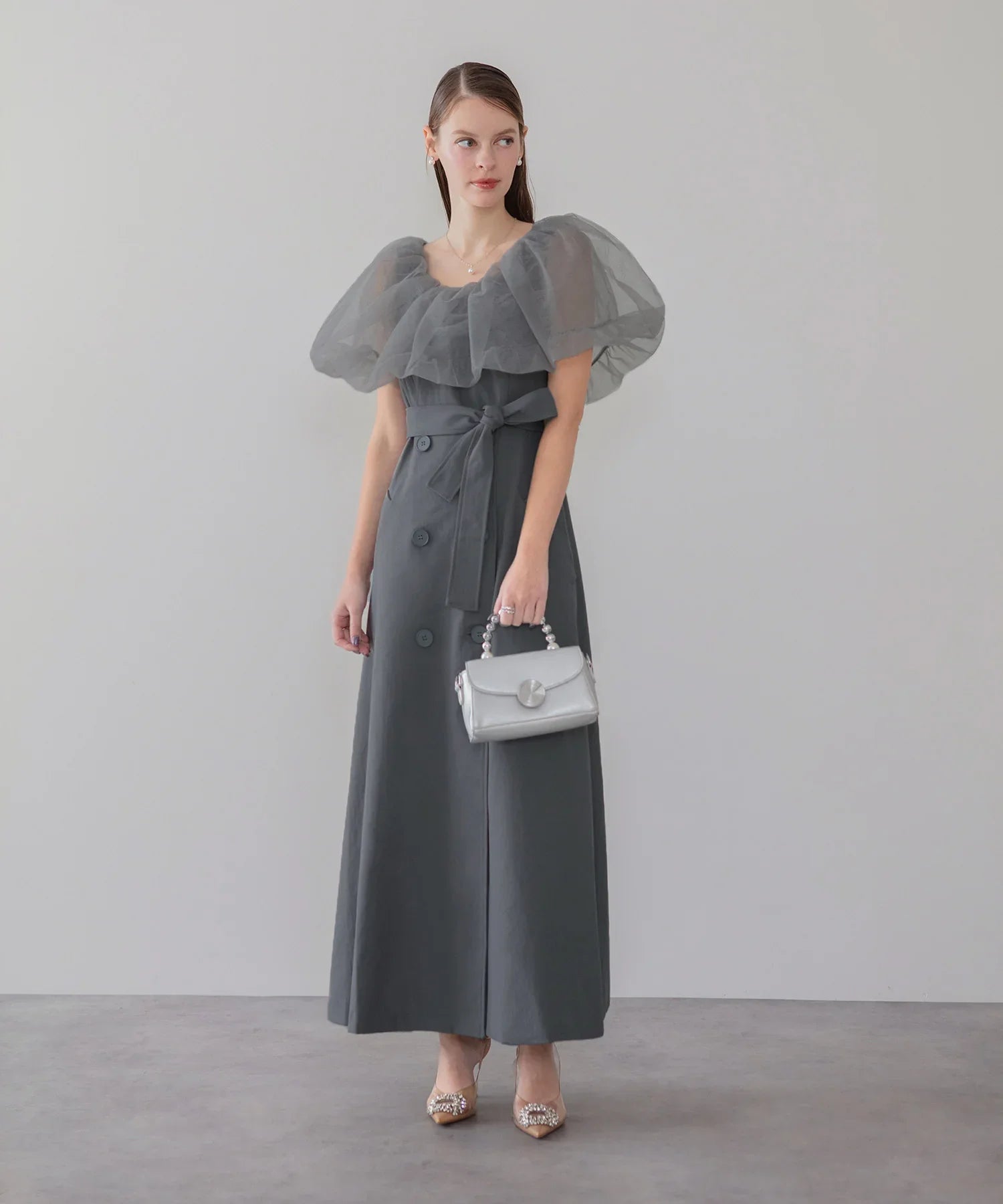 【当日発送】3WAYオフショルチュールトレンチディティールワンピ―スドレス