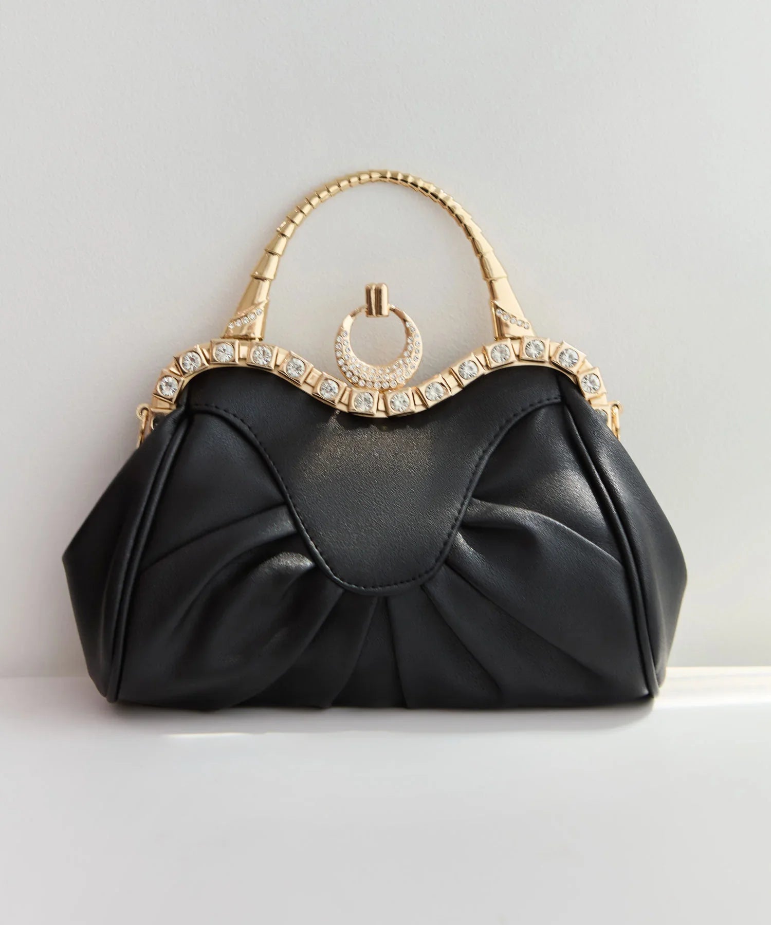 【当日発送】フェイクレザープリーツデザインビジュー2WAYショルダーバッグ