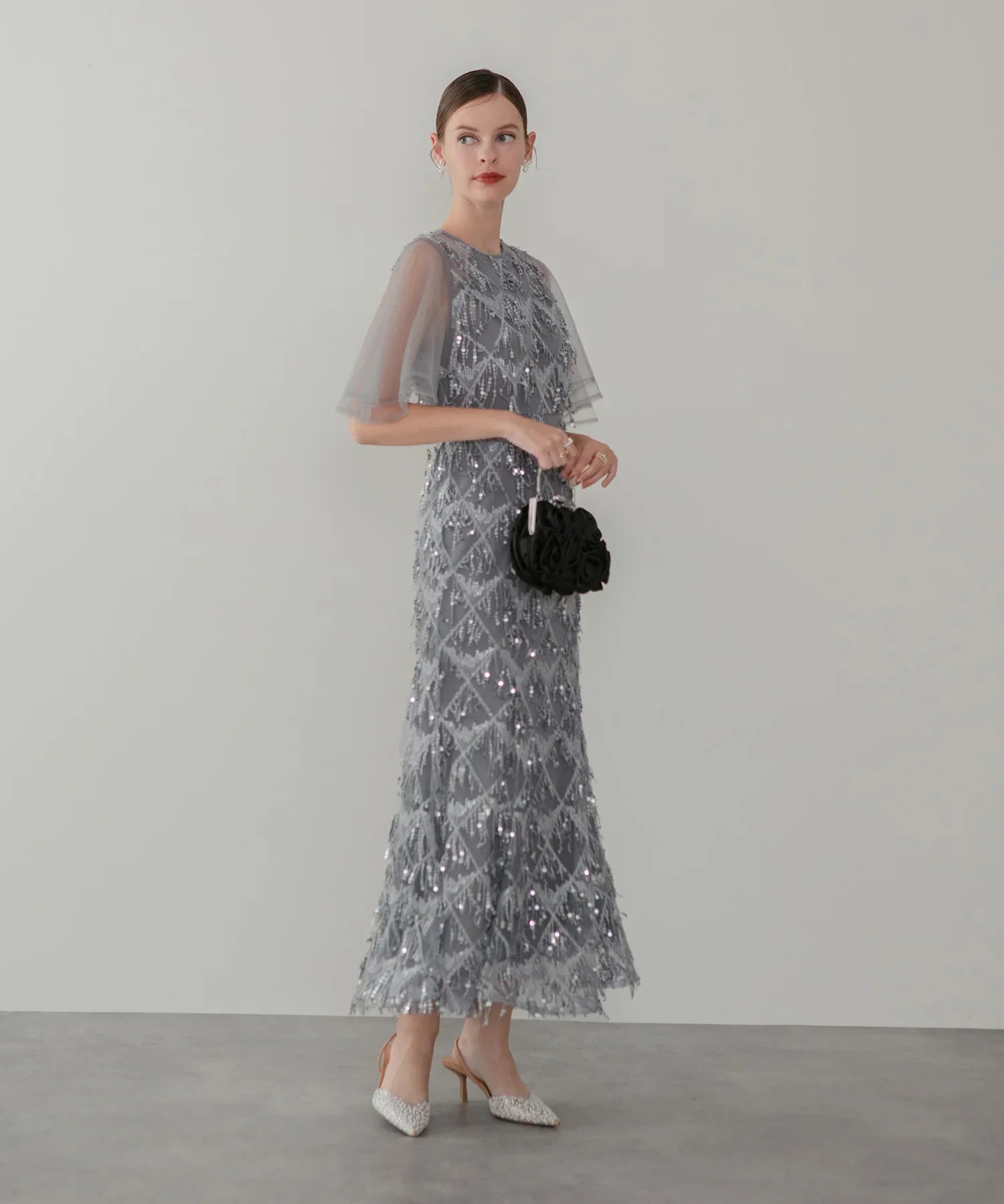 【当日発送】チュールスリーブスパンコールマーメイドワンピースドレス