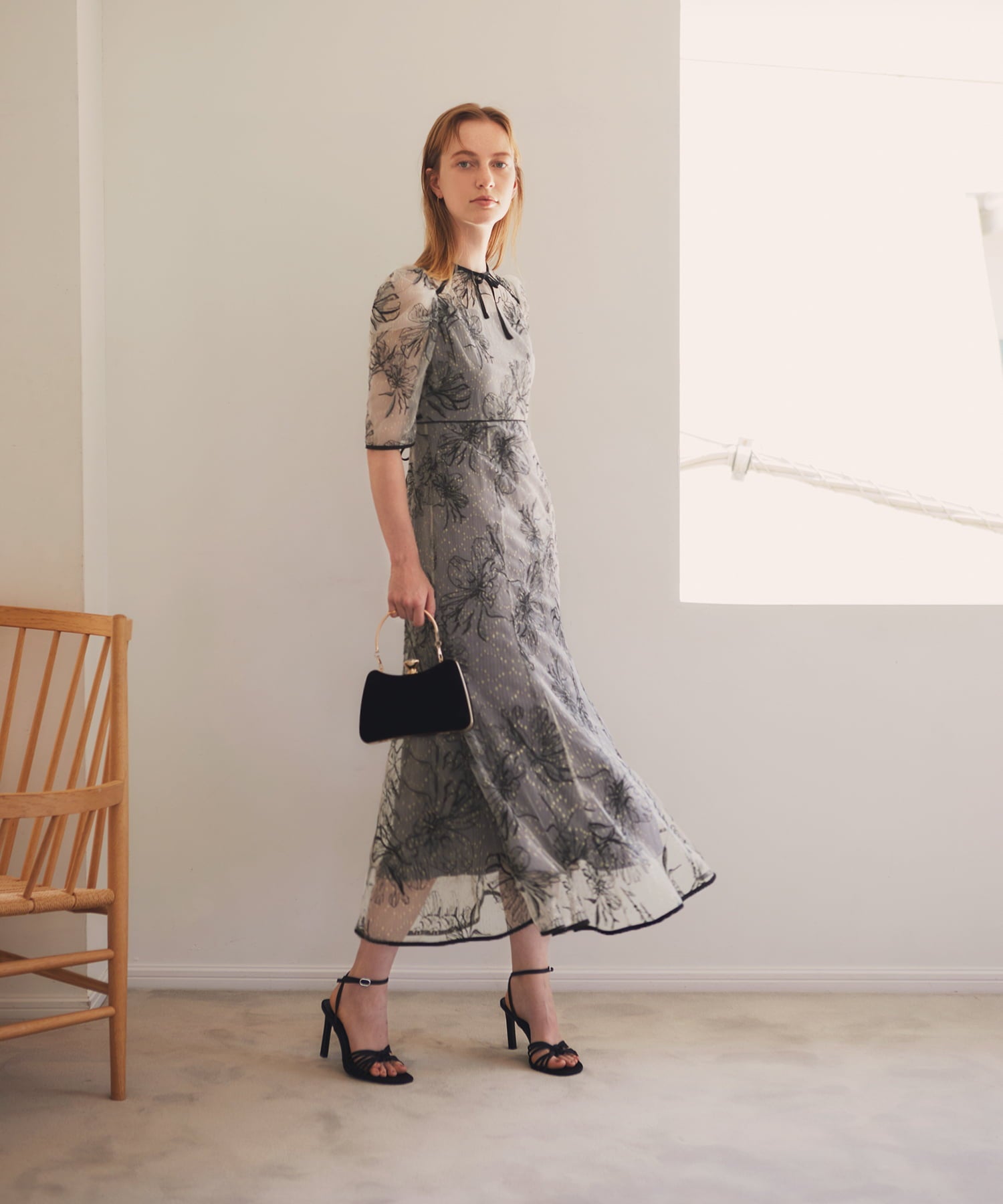 【当日発送】花柄リボンパフスリーブマーメイドワンピースドレス