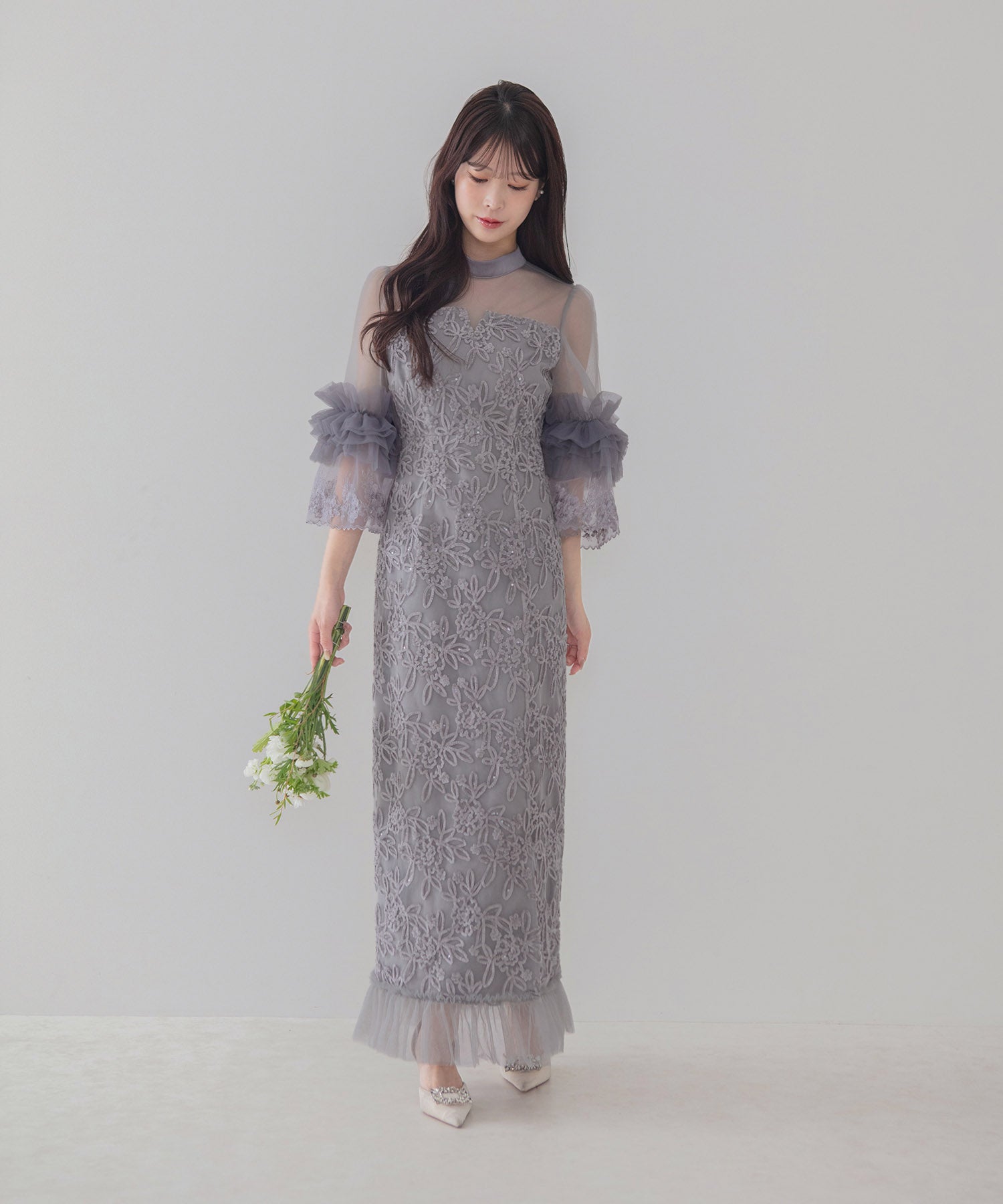【COMING SOON】シアーチュールフラワーレースIラインワンピースドレス