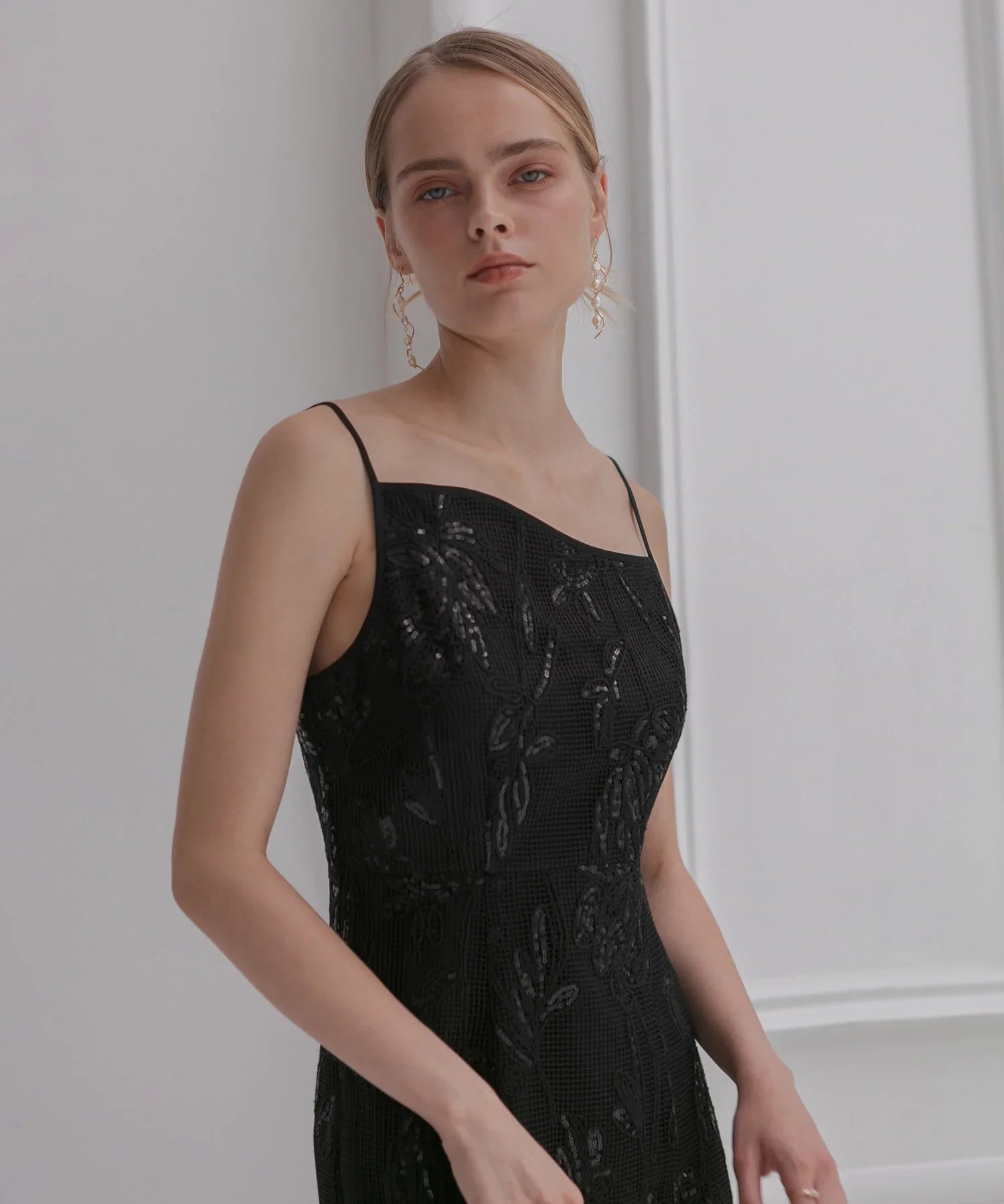 【当日発送】2WAYアシンメトリーフリルチュールフラワーIラインワンピースドレス