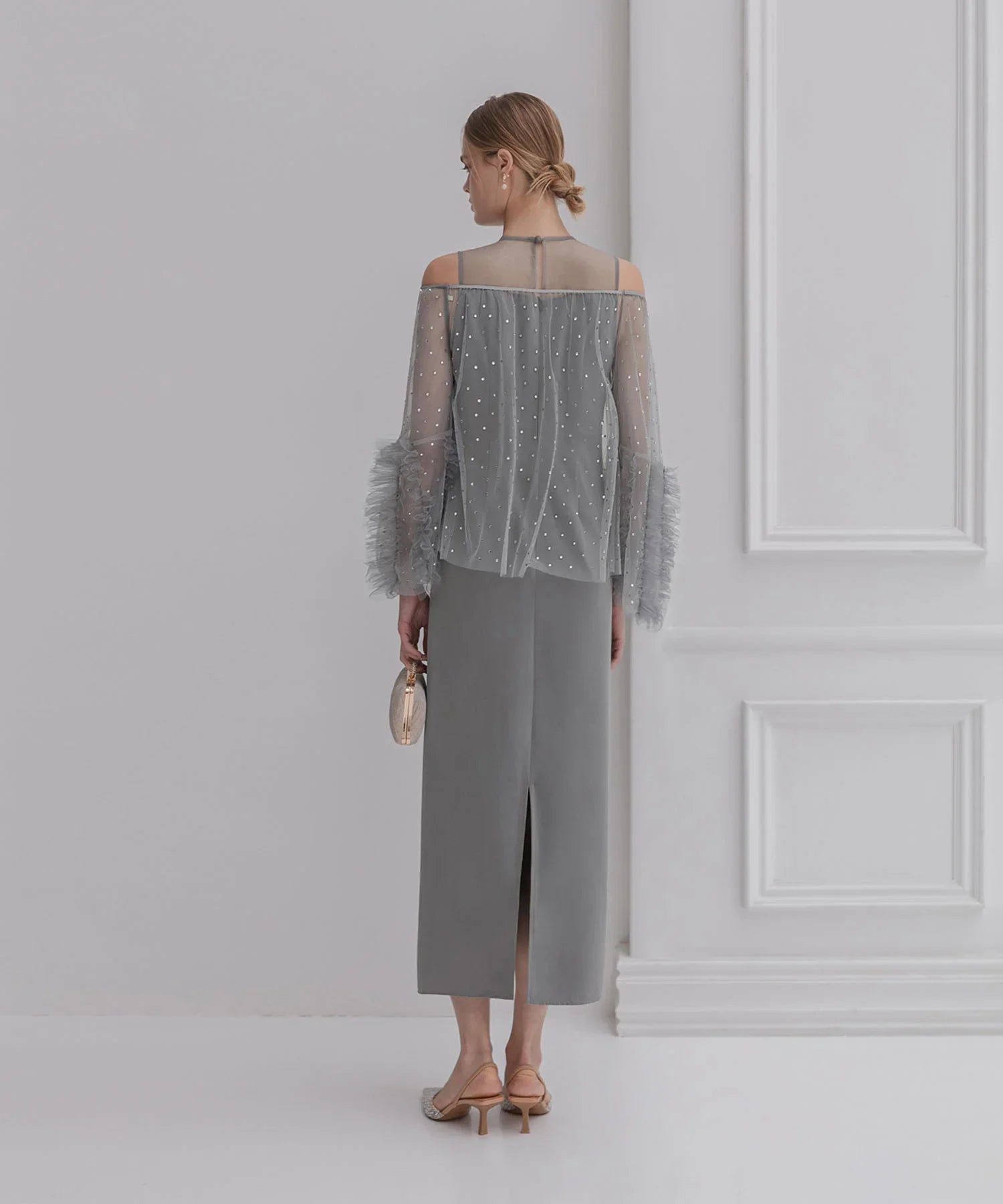 【当日発送】ドットストーンオフショルIラインワンピースドレス