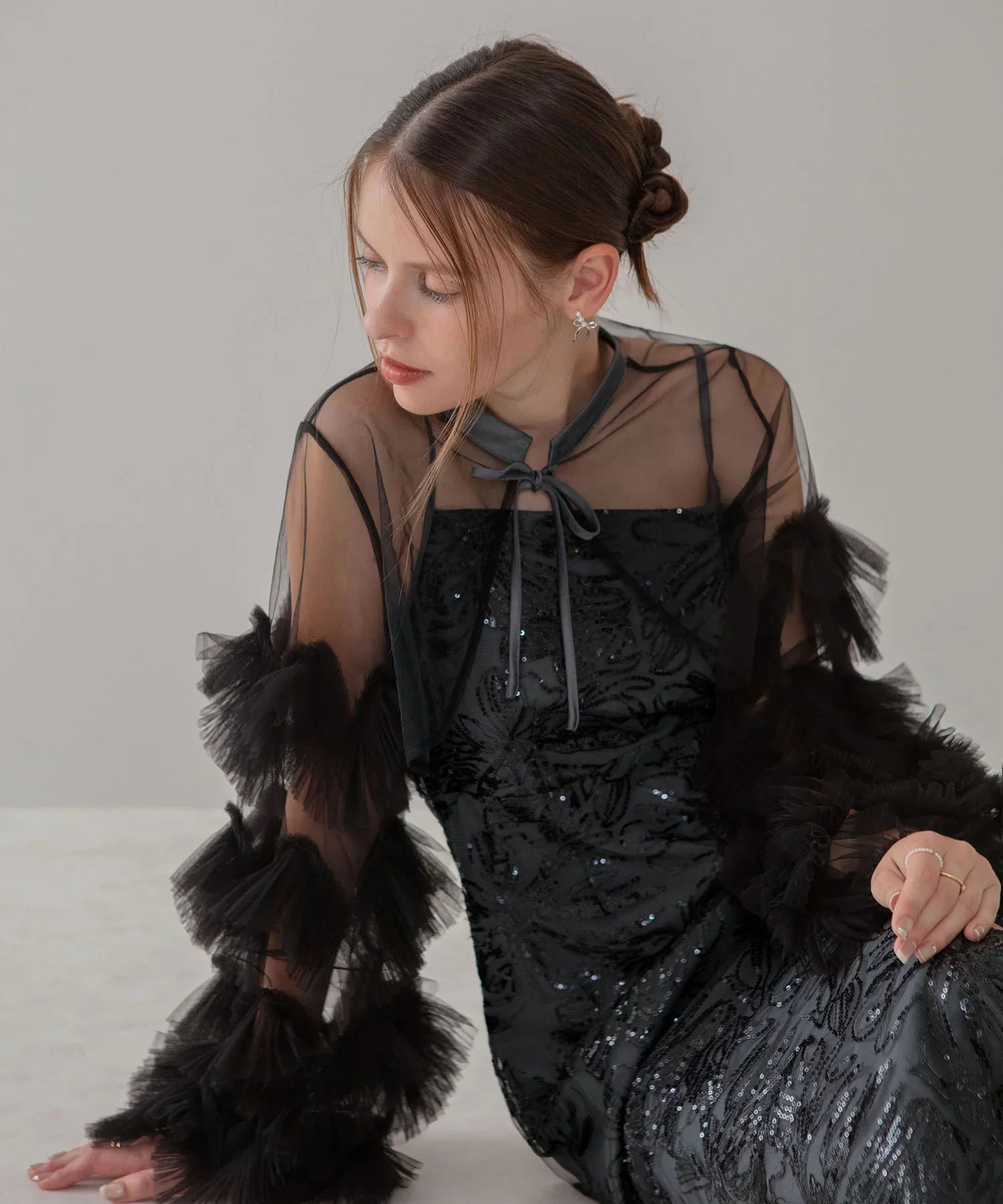 【当日発送】フリルチュールスリーブリボンIラインワンピースドレス