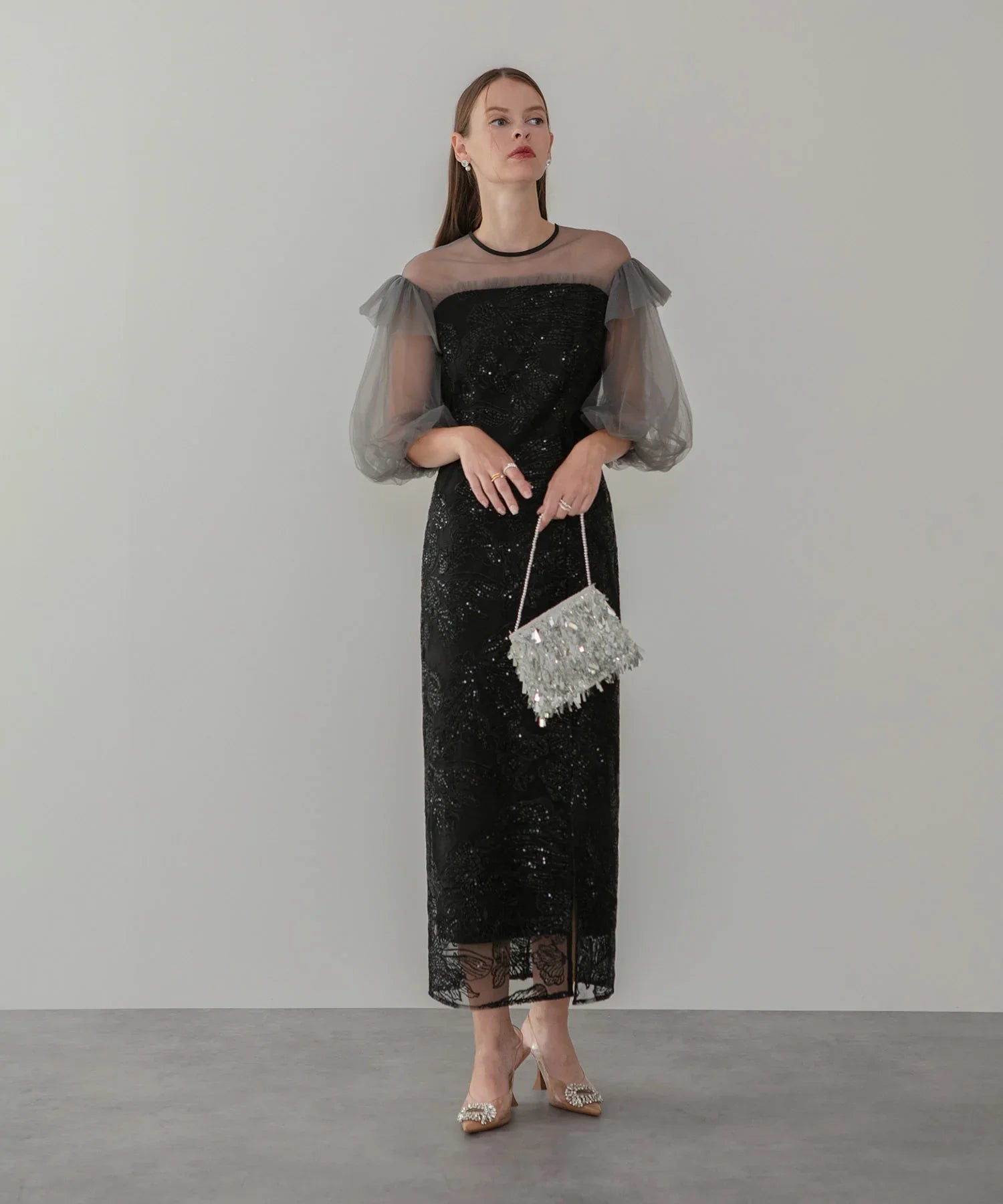 【一部当日発送】フラワースパンコールシアーフリルスリーブIラインワンピースドレス