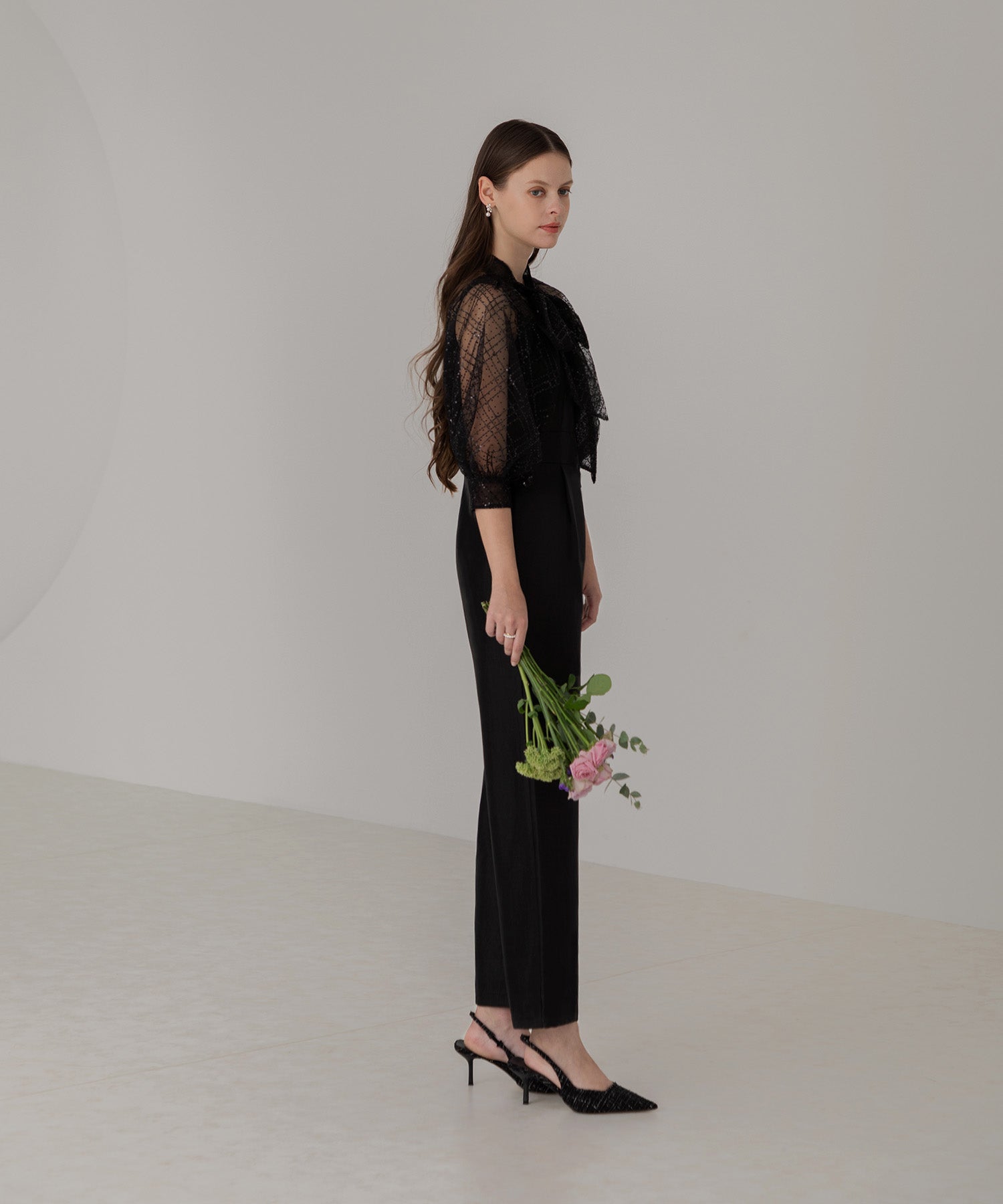 【当日発送】ドットスパンコールリボンボレロオールインワンパンツドレス