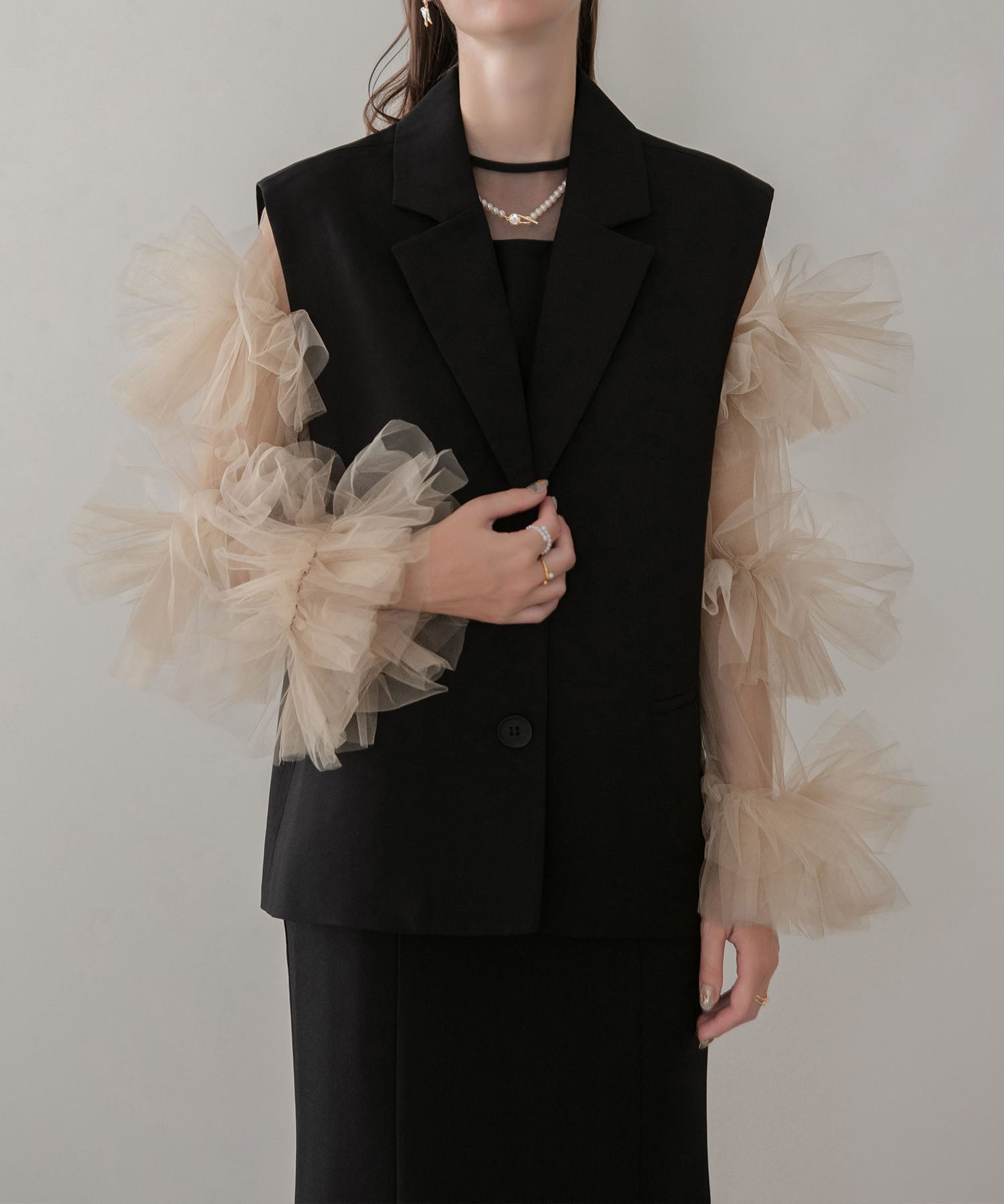 【当日発送】ボリュームチュールスリーブベストセットアップドレス