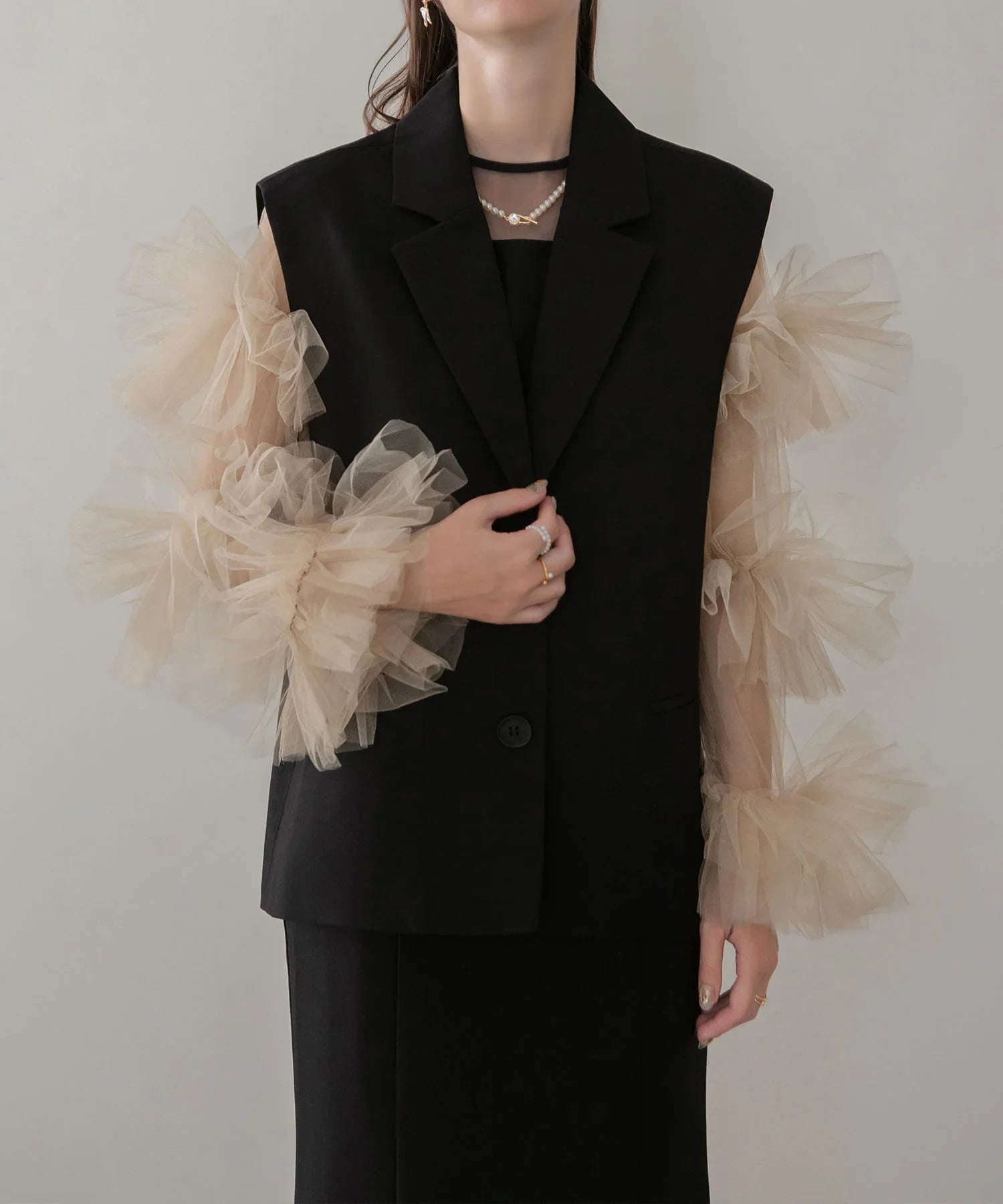 【当日発送】ボリュームチュールスリーブベストセットアップドレス