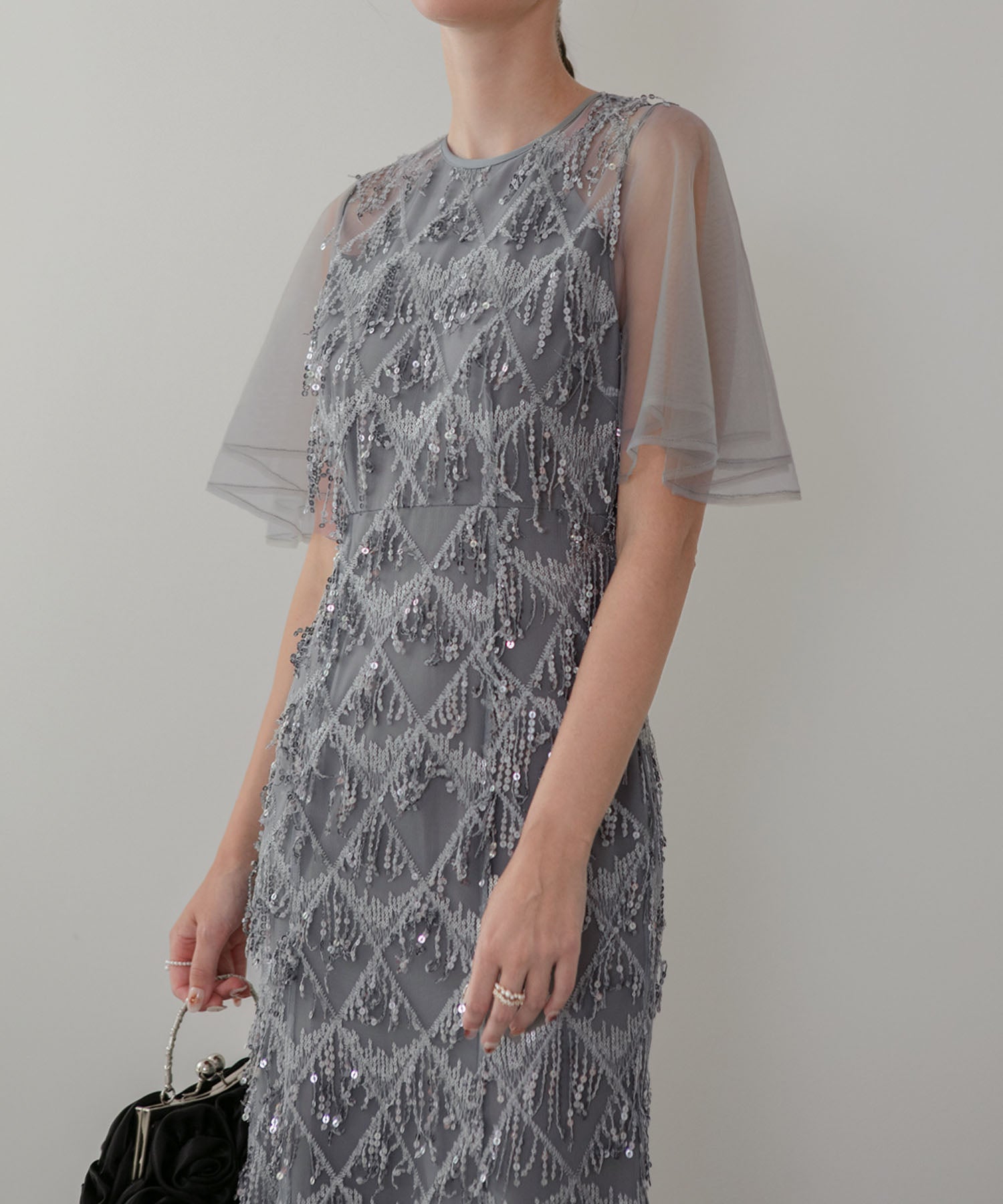 【当日発送】チュールスリーブスパンコールマーメイドワンピースドレス