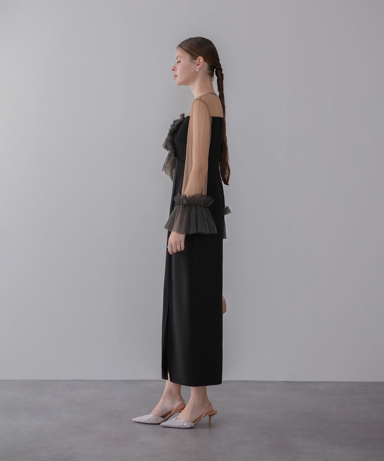 【当日発送】チュールフリルスリーブIラインワンピースドレス