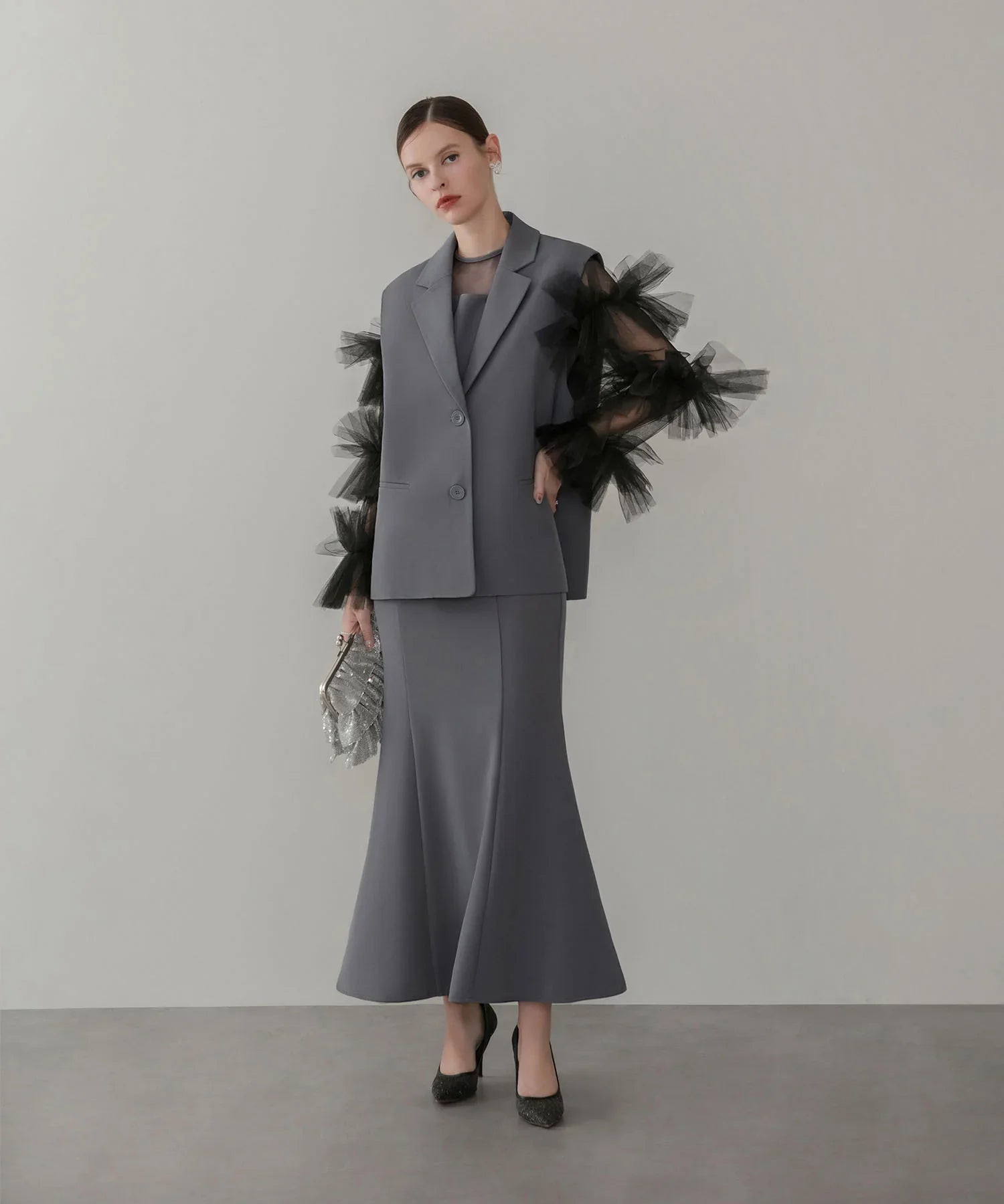 【当日発送】ボリュームチュールスリーブベストセットアップドレス