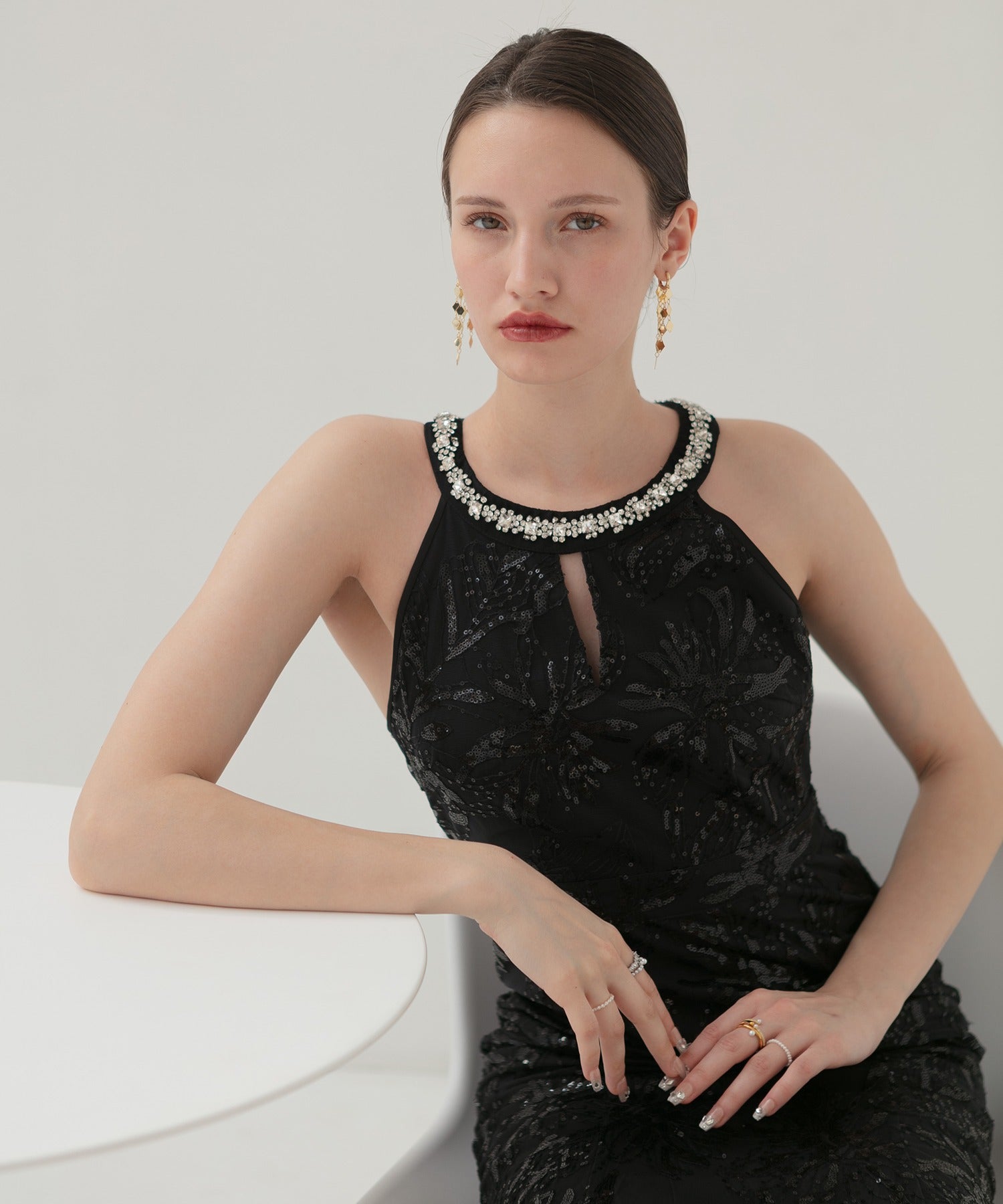 【LEJA LUXE】Beaded halter neck botanical mermaid dress