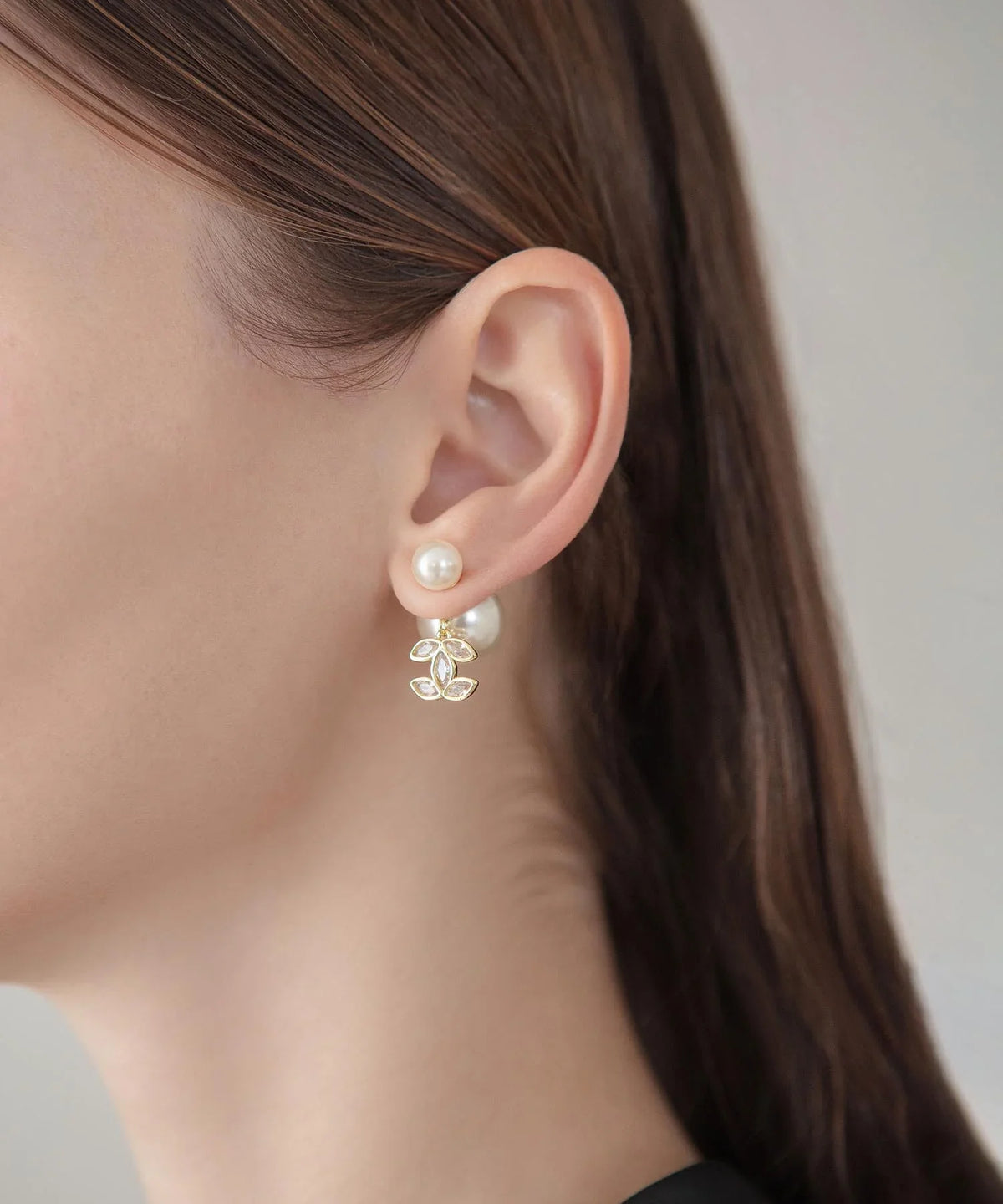【当日発送】ダブルパールリーフビジューバックキャッチピアス