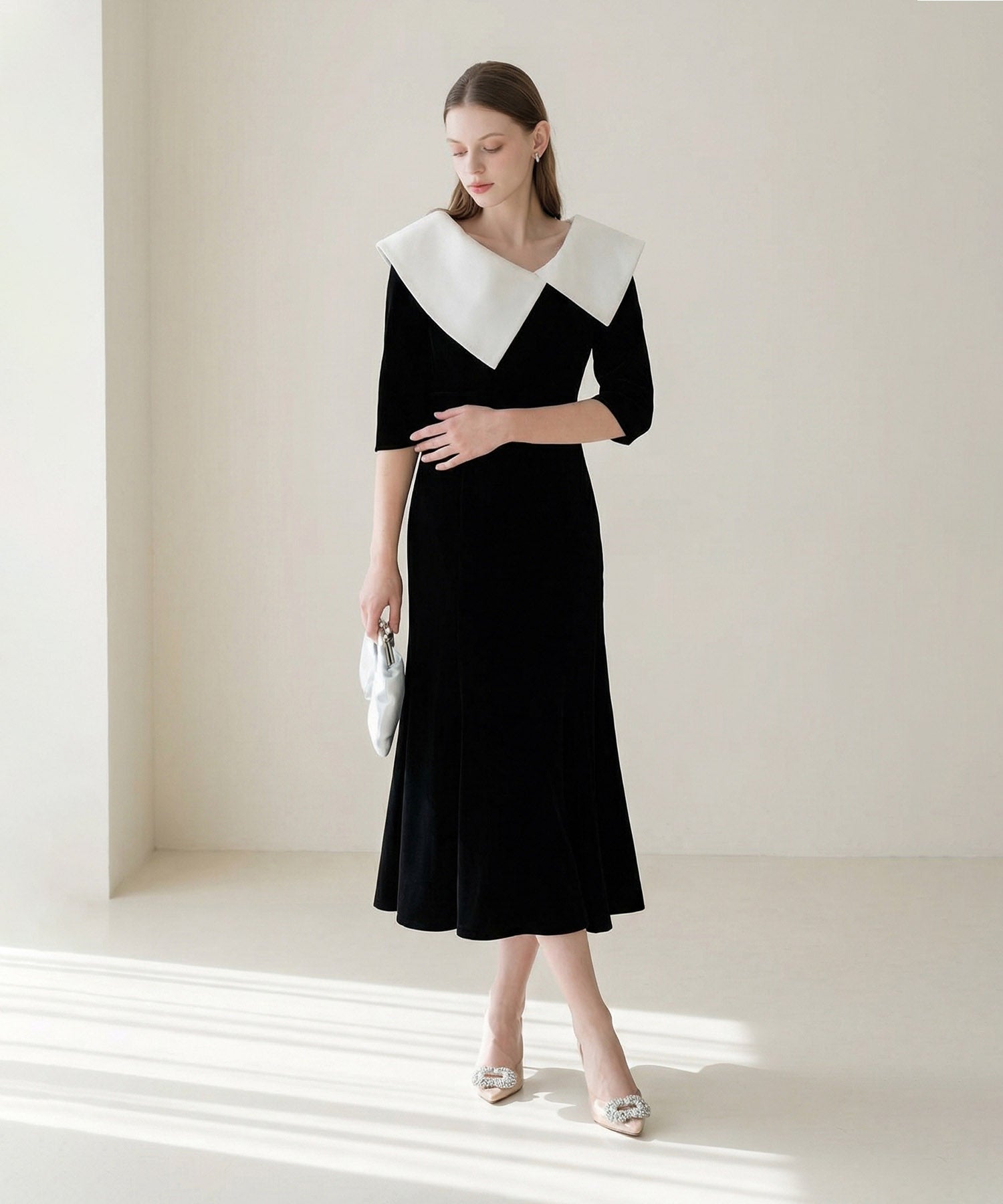 【當天出貨】不對稱大領絲絨魚尾裙