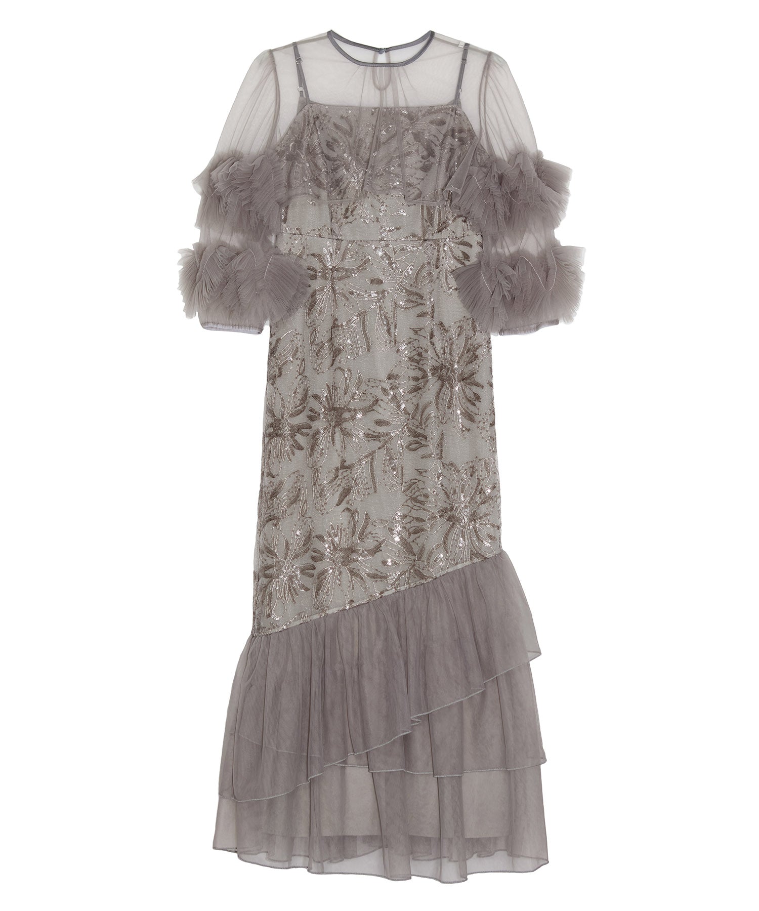 【一部当日発送】フラワースパンコールチュールフリルスリーブIラインワンピースドレス