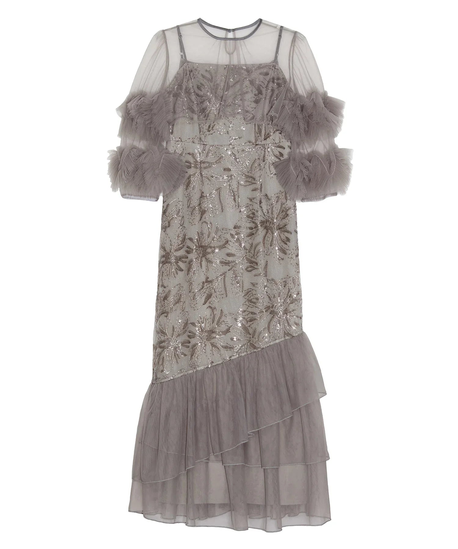 【一部当日発送】フラワースパンコールチュールフリルスリーブIラインワンピースドレス