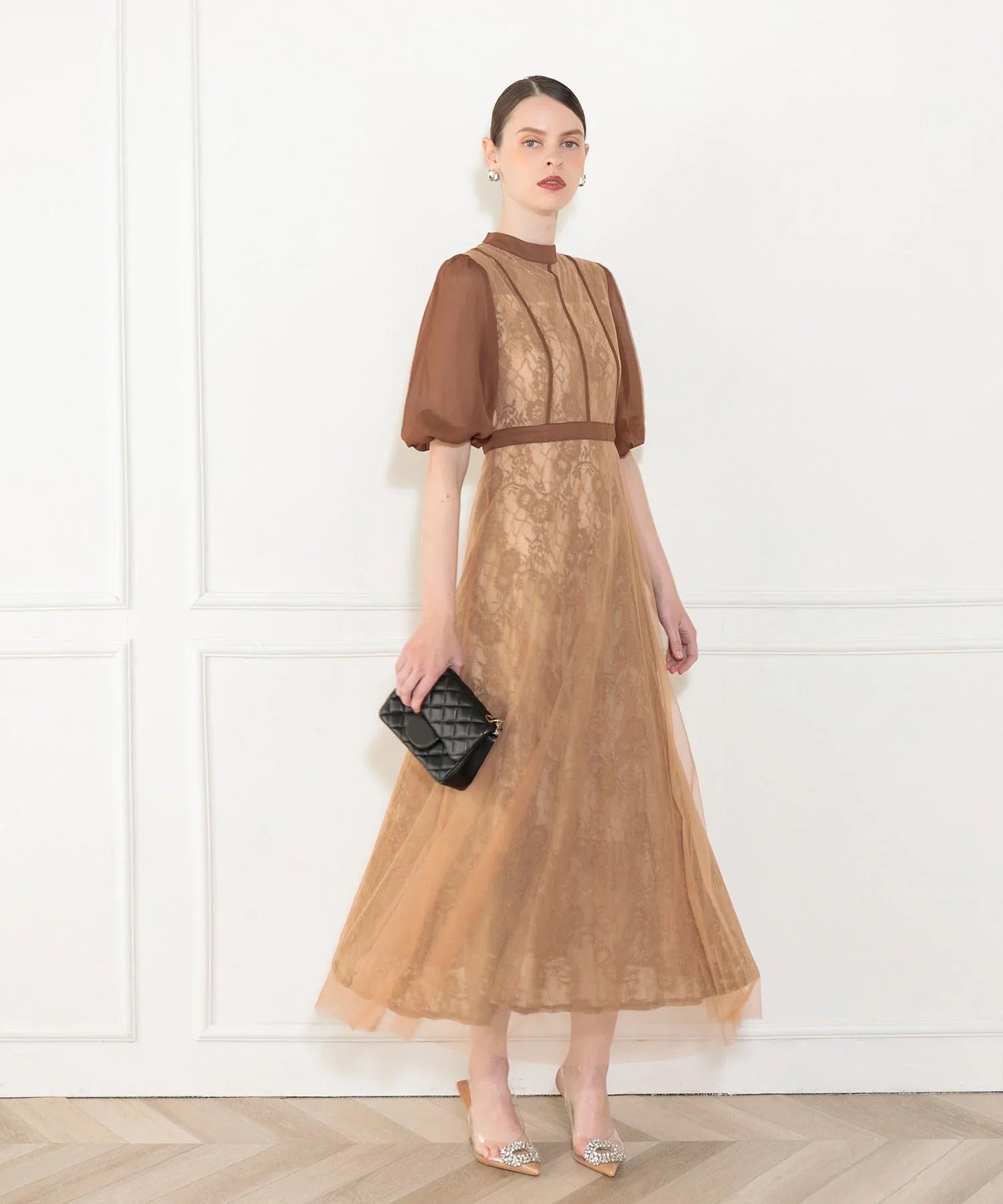 【當天出貨】高腰薄紗蕾絲A字連身裙