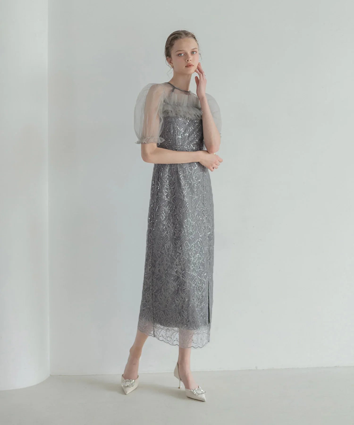 【当日発送】チュールフラワースパンコールIラインワンピースドレス