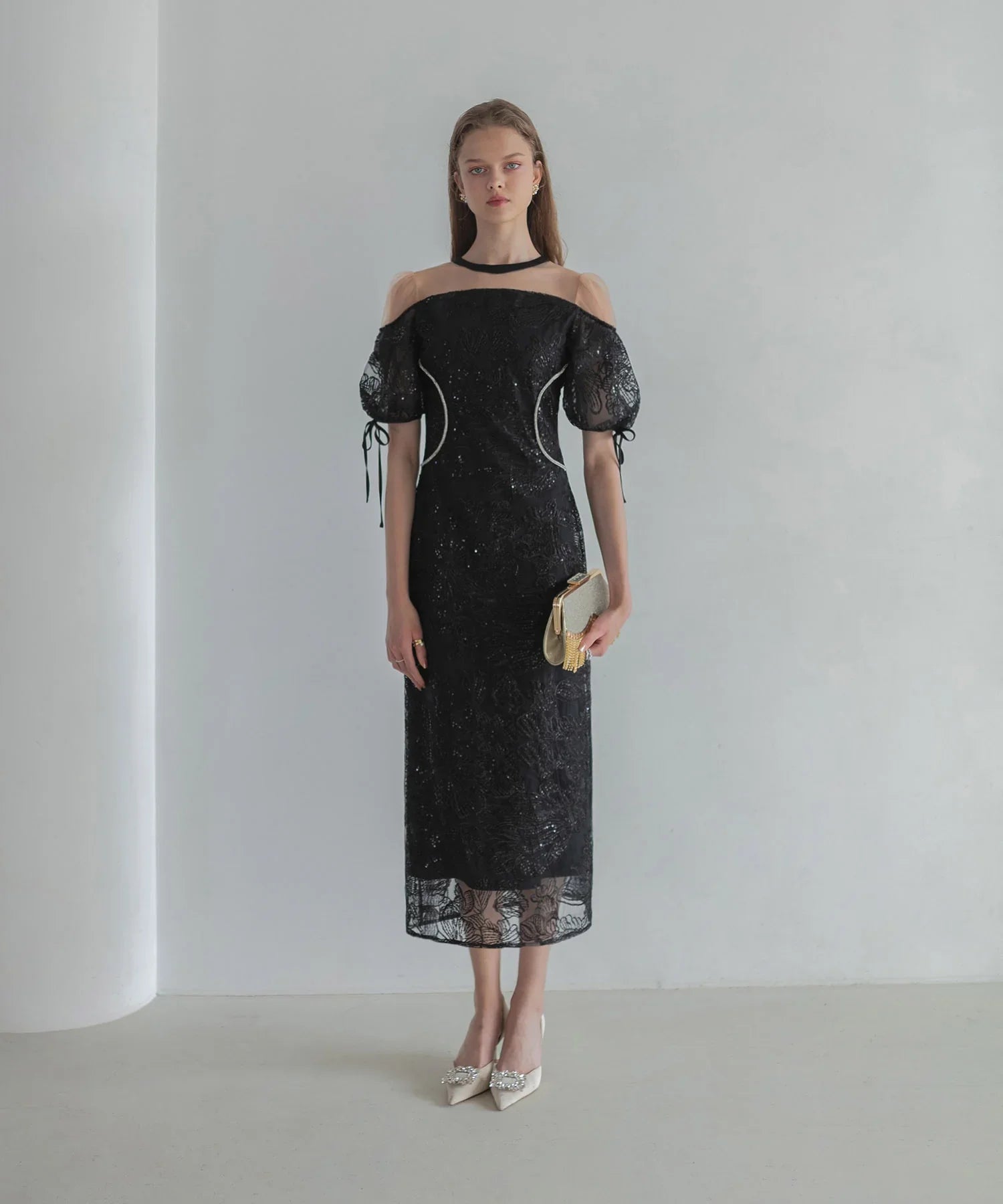 【SOLD OUT】スパンコールウエストデザインIラインワンピースドレス