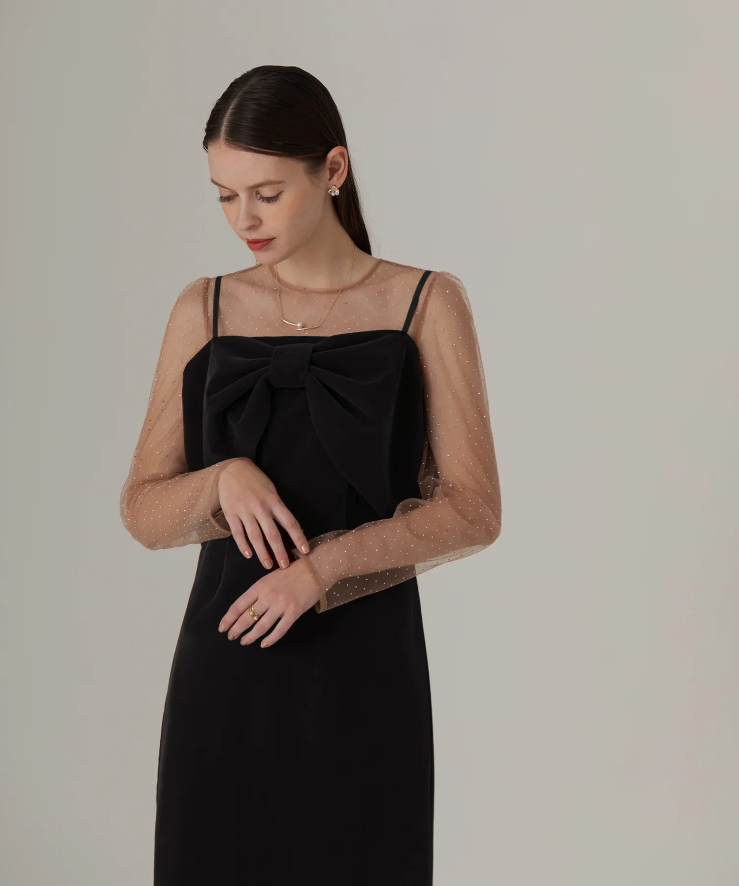 【当日発送】2WAYリボンビスチェドットストーンベロアワンピースドレス