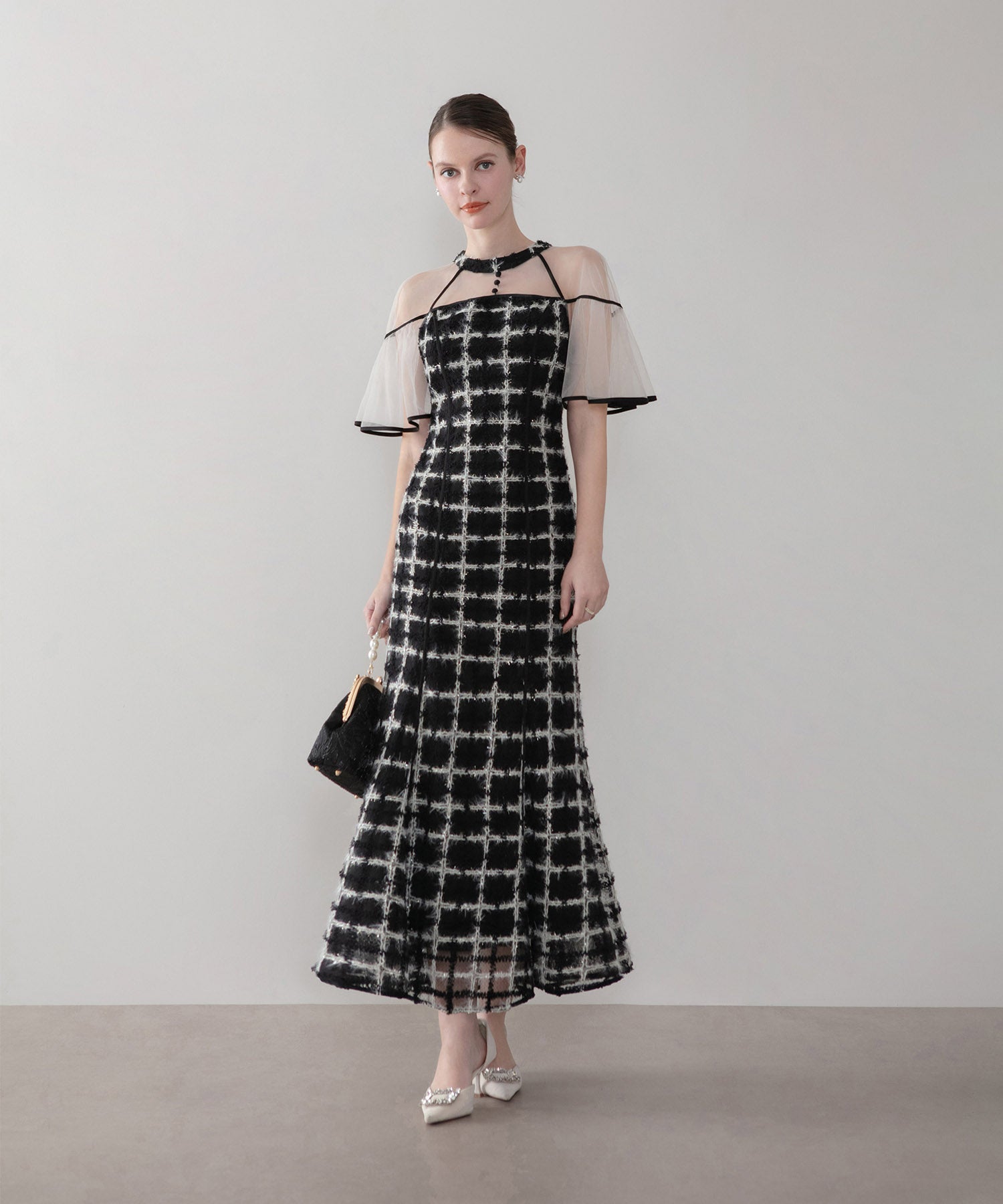 【当日発送】ラメシャギーツイードチェックフリルマーメイドワンピースドレス