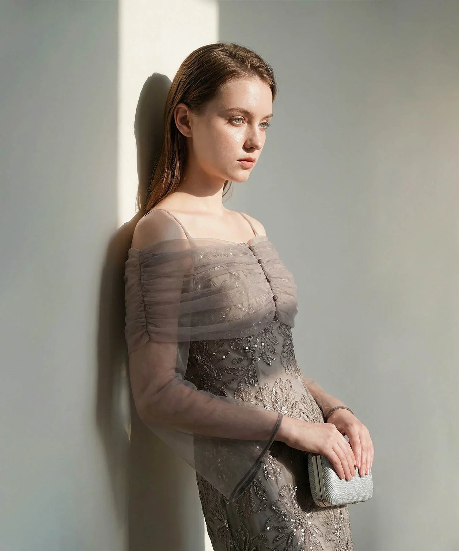 【当日発送】チュールオフショルダー花柄Iラインワンピースドレス