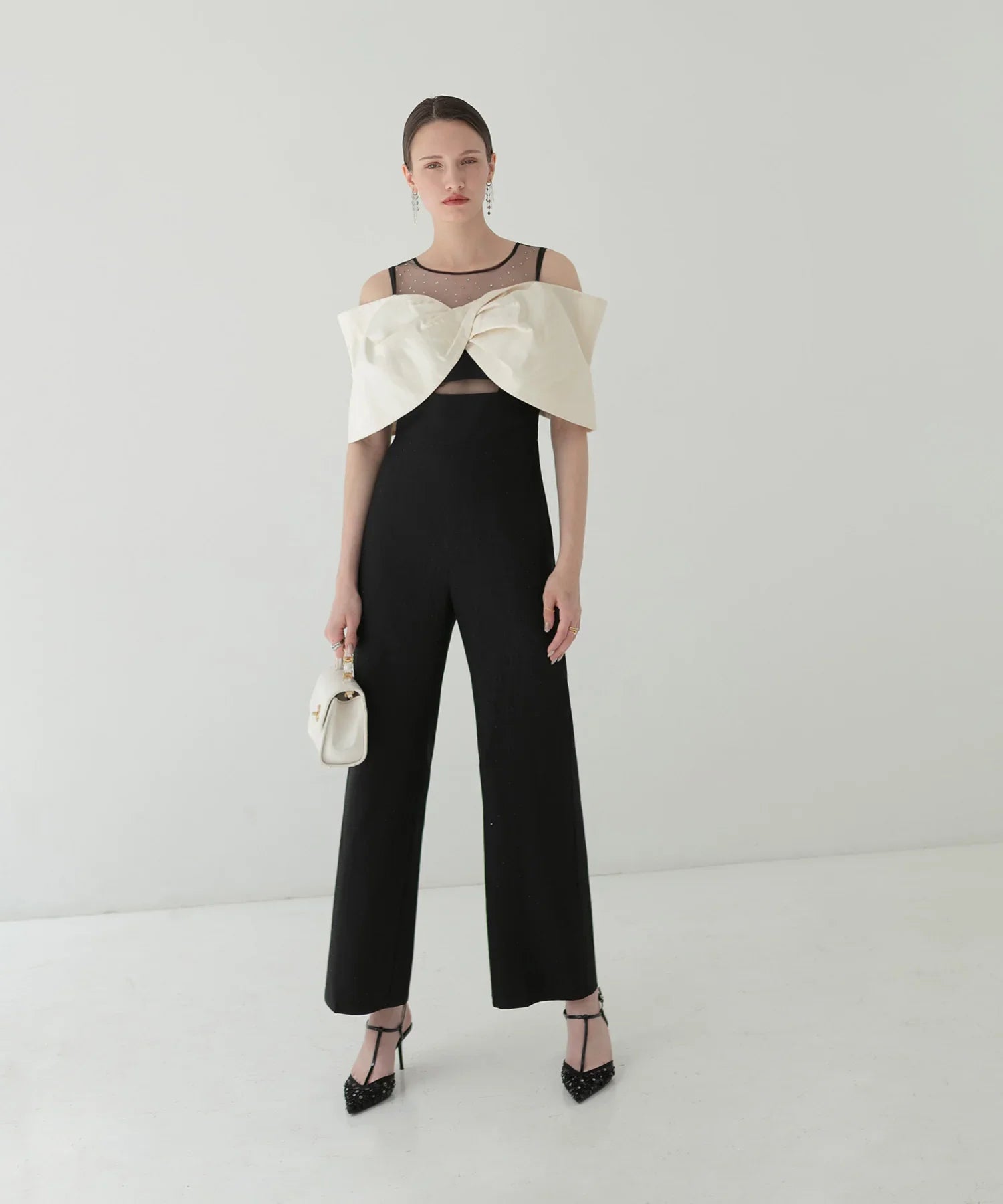【LEJA LUXE】2WAY Ribbon Bustier Jewel Stone Pants Dress