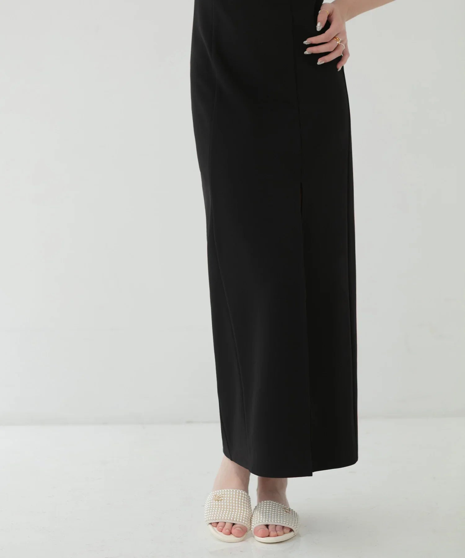 【LEJA LUXE】2WAY front sheer bejeweled I-line dress