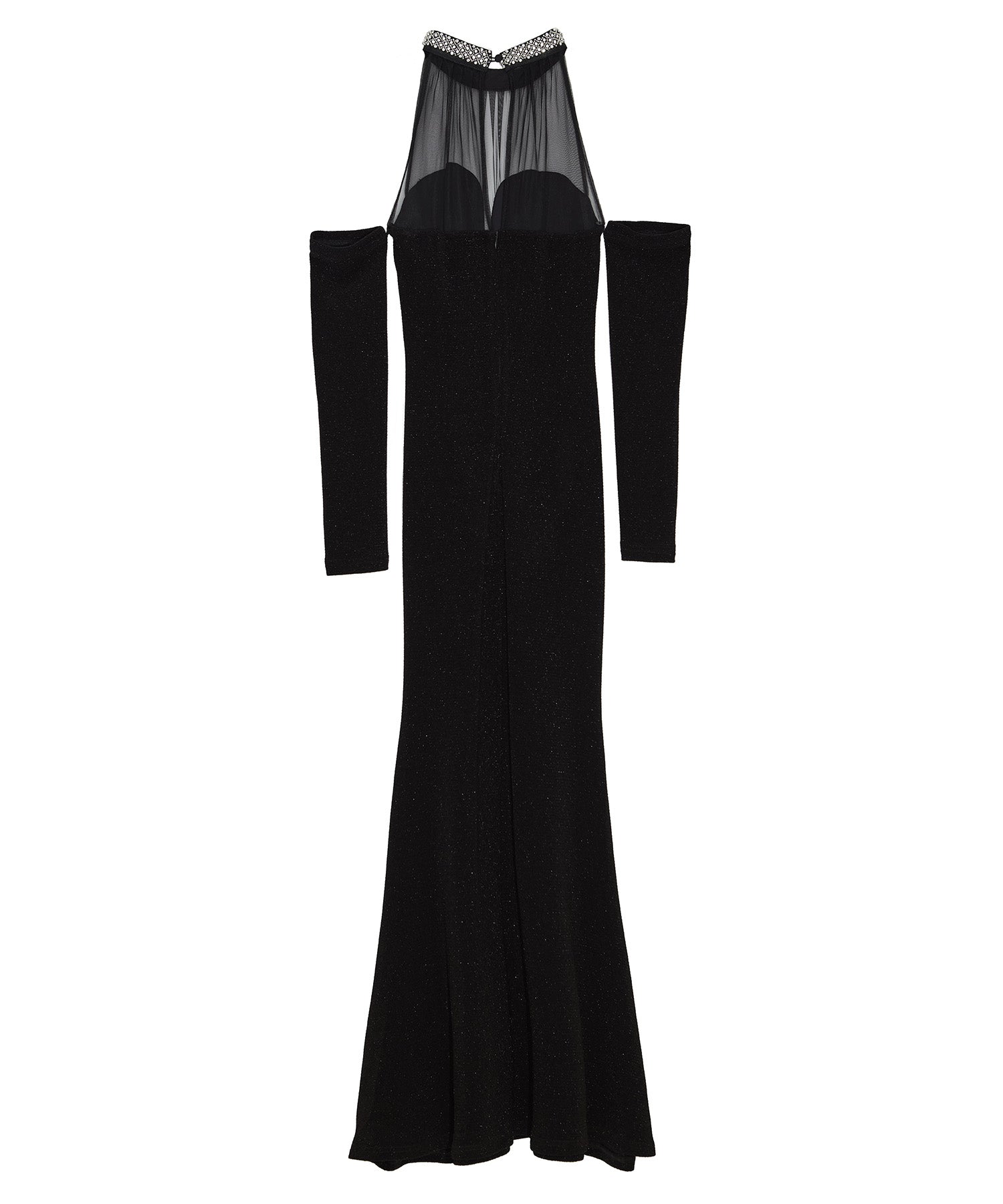 【LEJA LUXE】シアーネックビジューデザインブラックマーメイドロングドレス