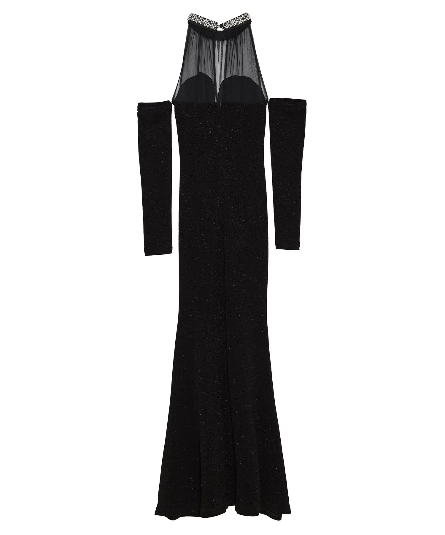 【LEJA LUXE】シアーネックビジューデザインブラックマーメイドロングドレス