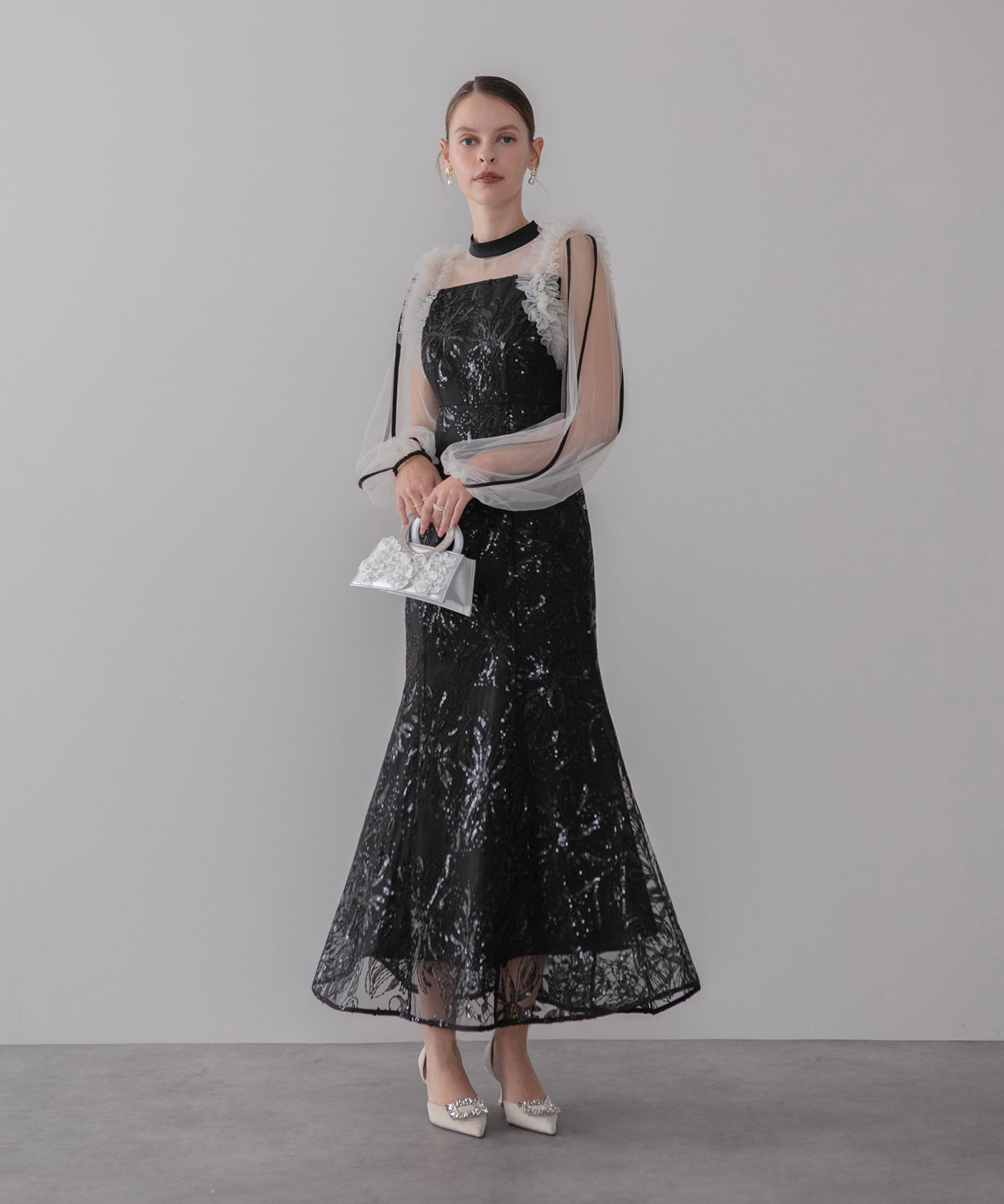 【当日発送】フラワースパンコールチュールフリルロングスリーブマーメイドワンピースドレス