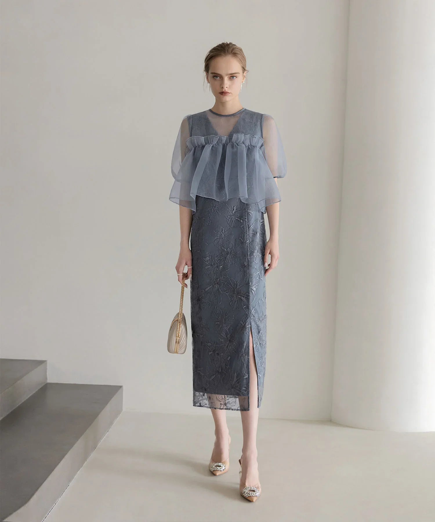 【当日発送】ボリュームシアーフリルジャガードIラインワンピースドレス