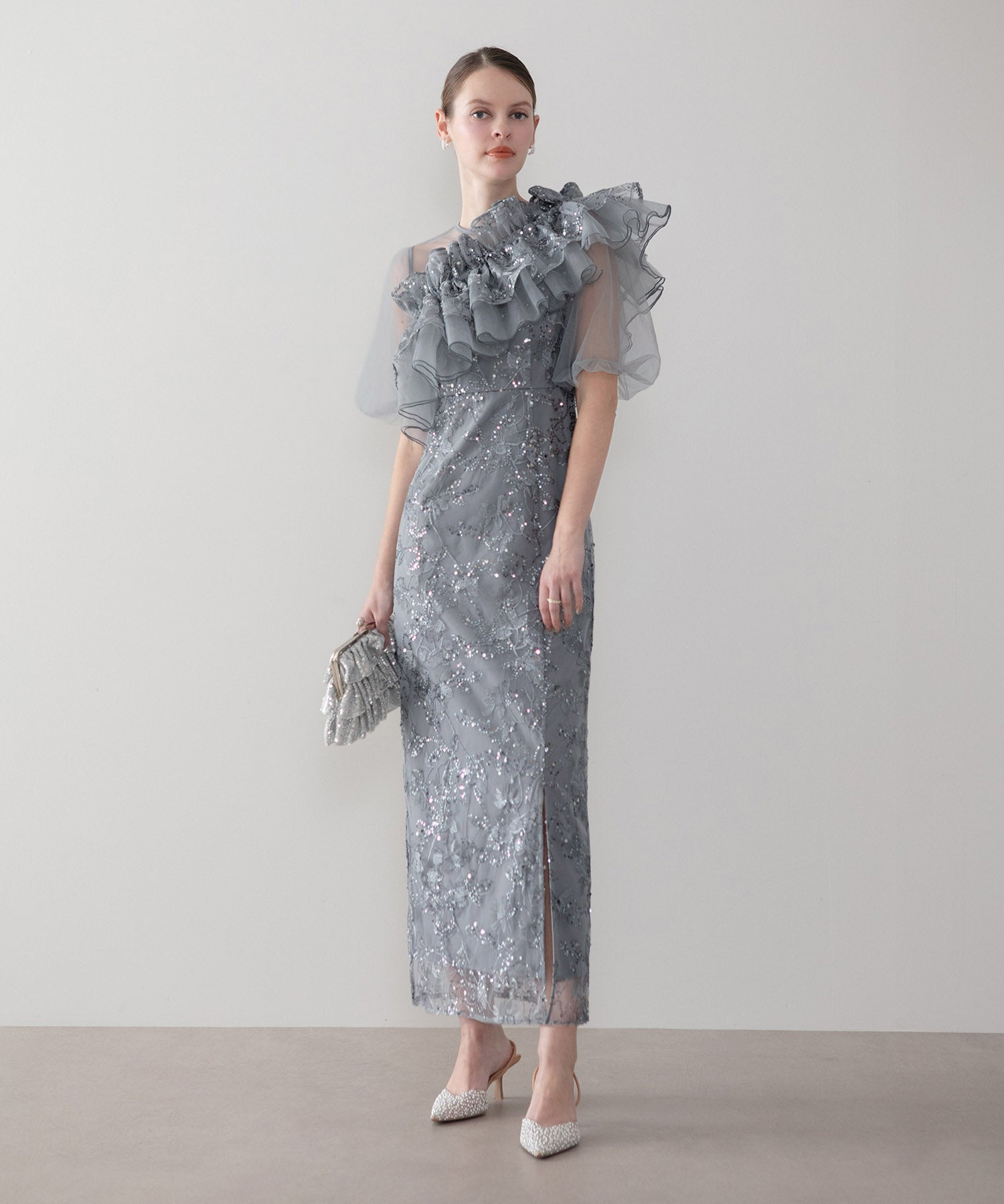 【一部当日発送】3WAYチュールラッフルフラワースパンコールIラインワンピースドレス