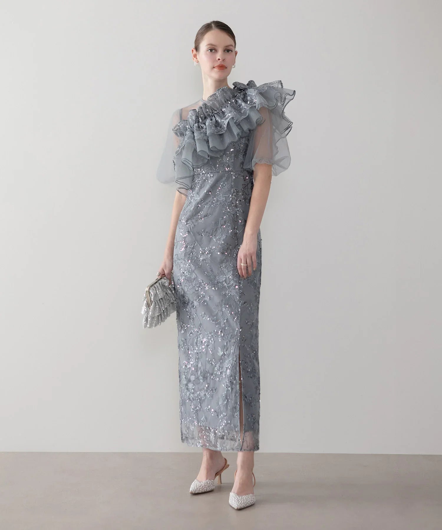 【予約販売】3WAYチュールラッフルフラワースパンコールIラインワンピースドレス