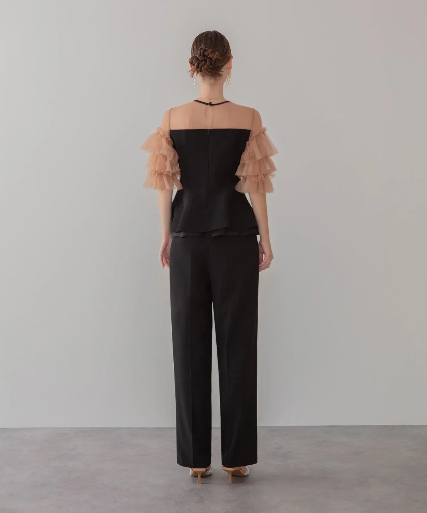 【当日発送】チュールスリーブペプラムセットアップパンツドレス