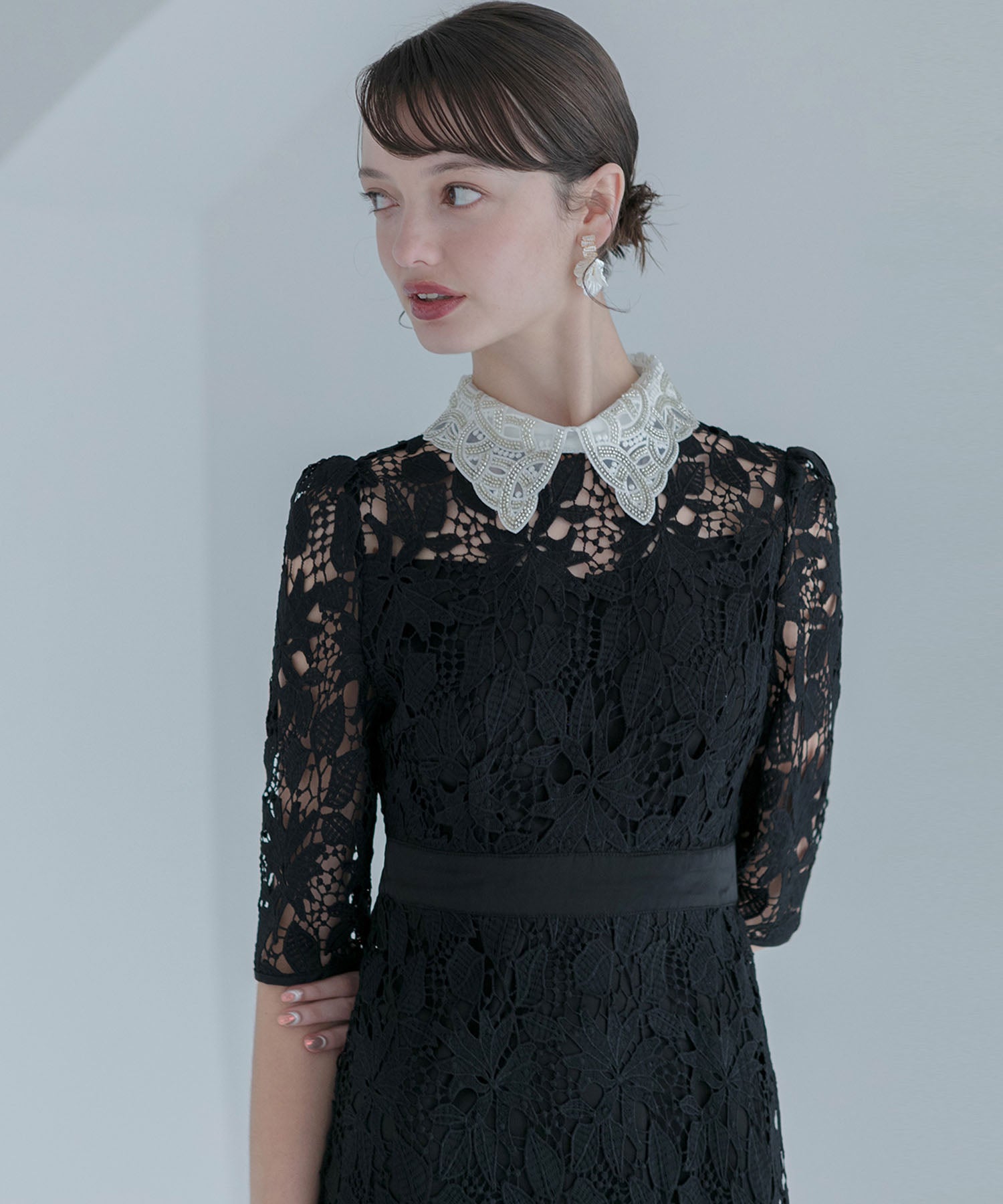 【一部当日発送】花柄レースビジューカラーAラインワンピースドレス