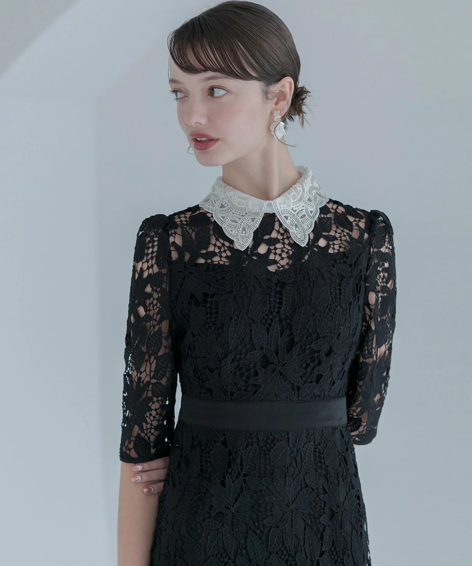 【一部当日発送】花柄レースビジューカラーAラインワンピースドレス