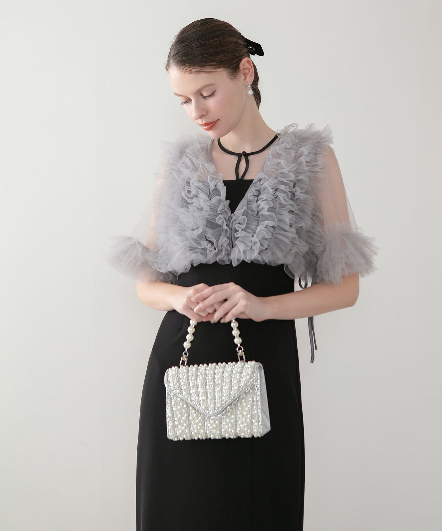 【当日発送】3WAYオールパールビジュー ストライプデザインバッグ