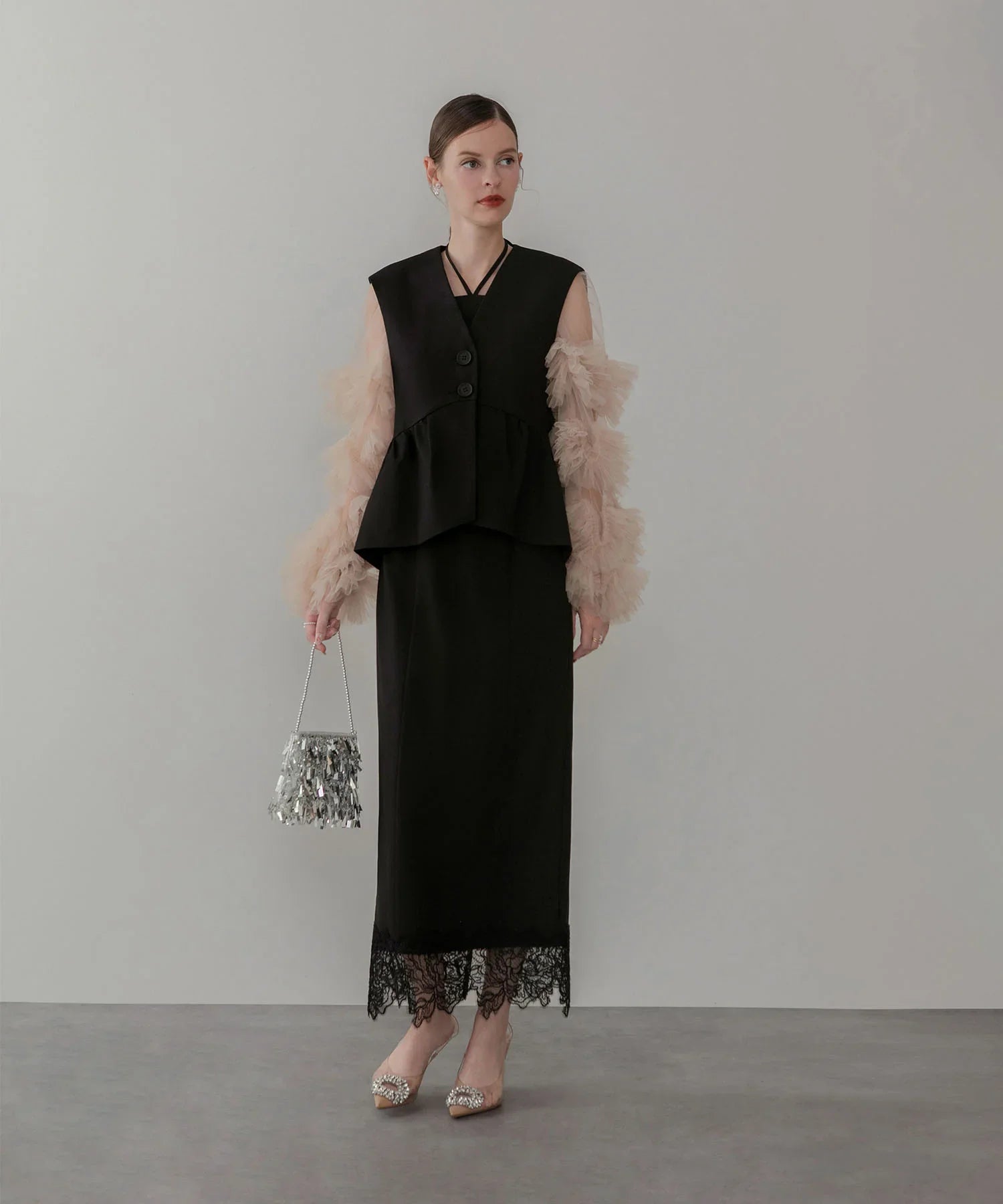 【当日発送】チュールフリルスリーブベストセットワンピースドレス