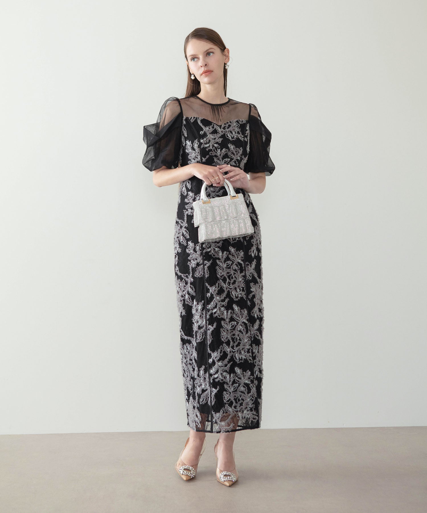 【当日発送】ラメシャギーフラワーシアースリーブIラインワンピースドレス