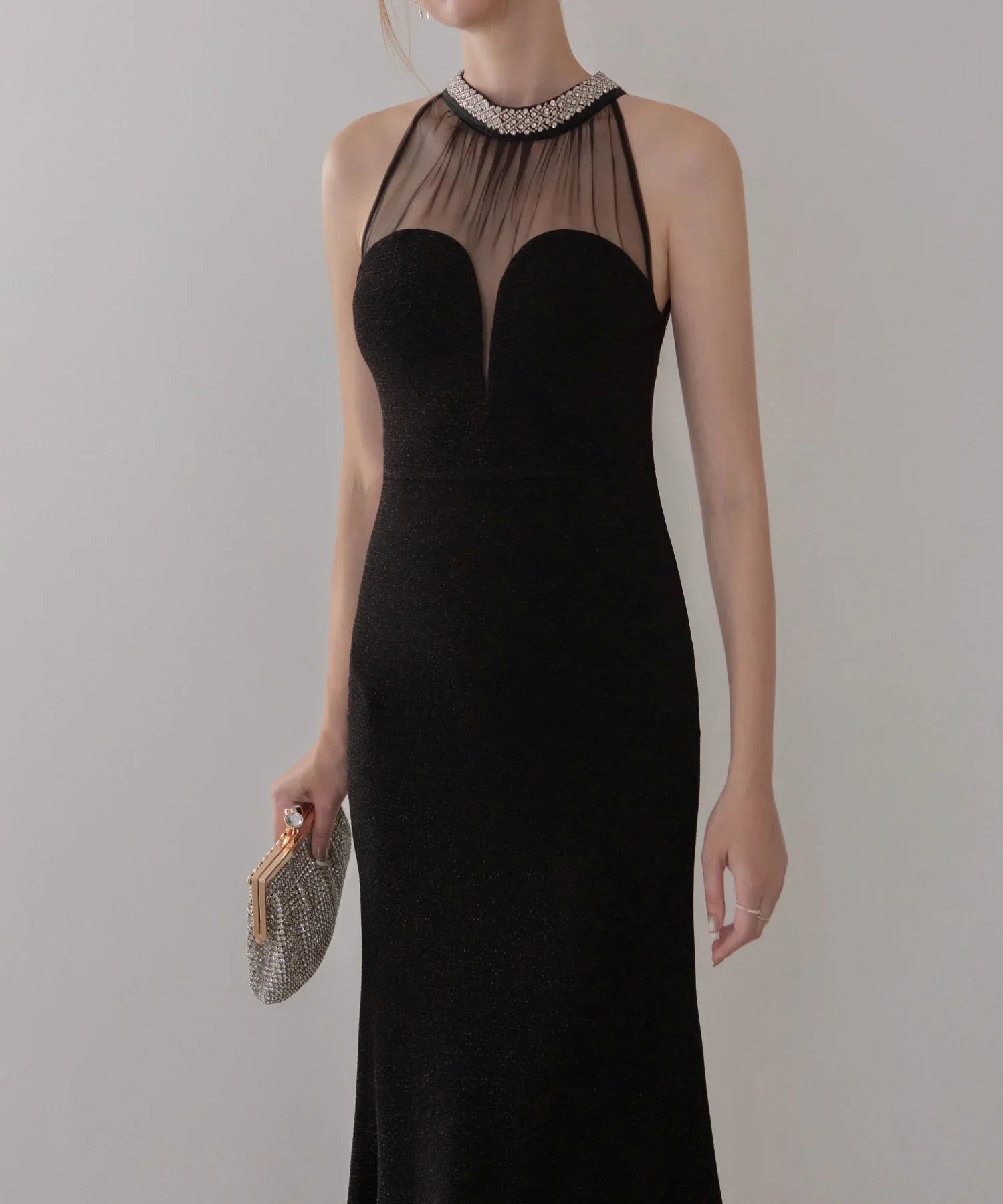 【LEJA LUXE】シアーネックビジューデザインブラックマーメイドロングドレス