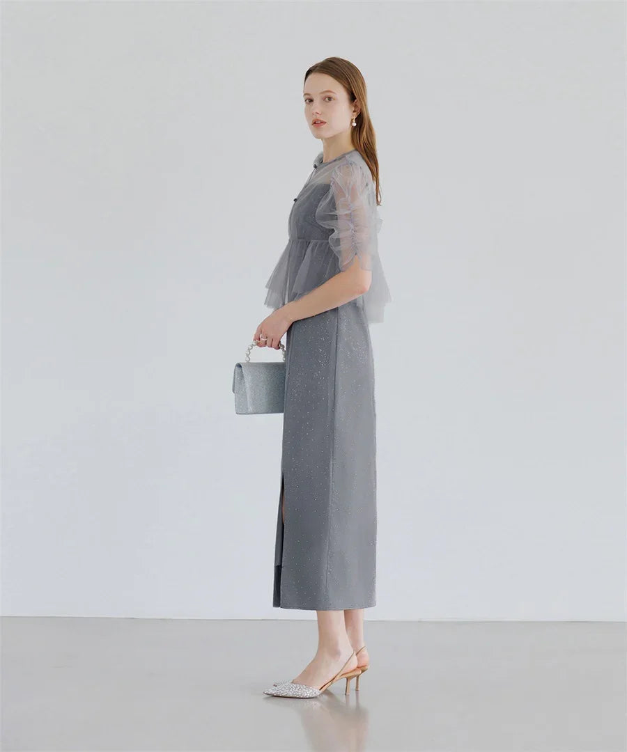 【当日発送】チュールフラワーモチーフドットストーンIラインワンピースドレス