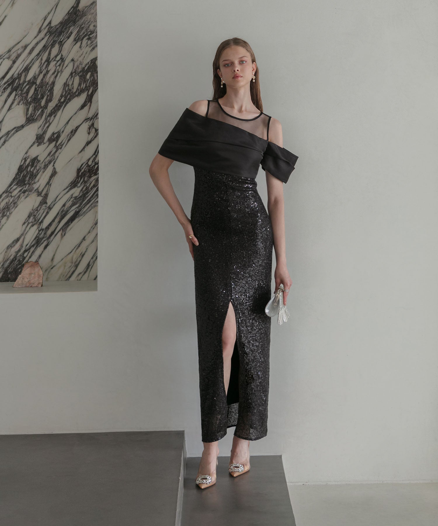 【LEJA LUXE】シースルーアシンメトリースパンコールスリットIラインドレス