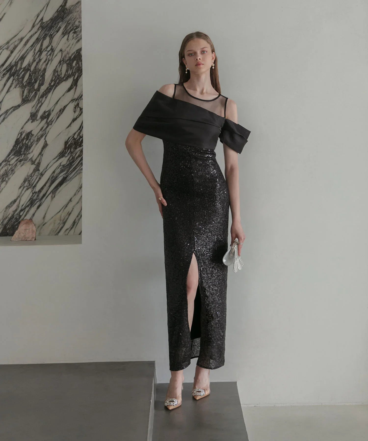 【LEJA LUXE】シースルーアシンメトリースパンコールスリットIラインドレス