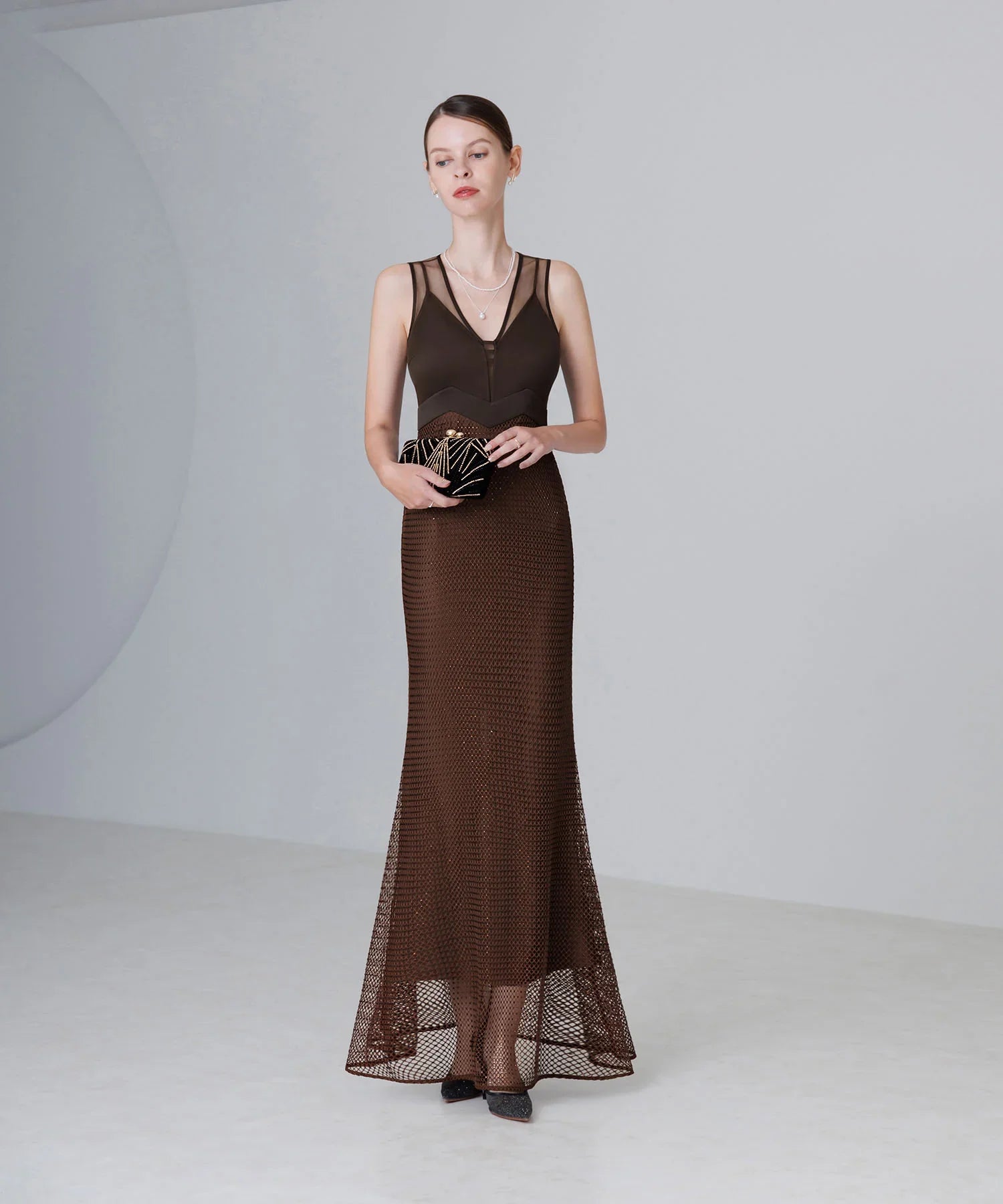 【LEJA LUXE】VネックメッシュストーンIラインドレス