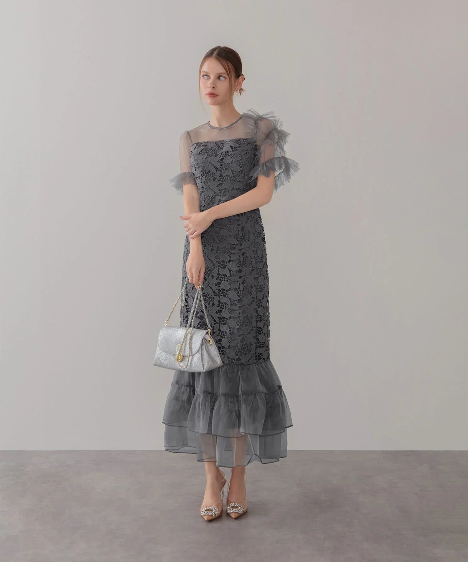 【当日発送】アシンメトリーチュールスリーブレースフリルヘムIラインワンピースドレス