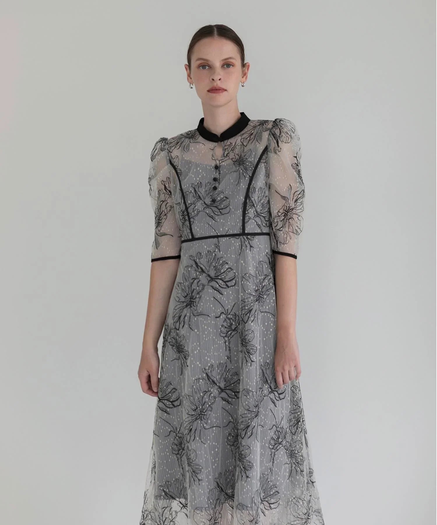 【当日発送】パイピングハイネック花柄ラメレースワンピースドレス