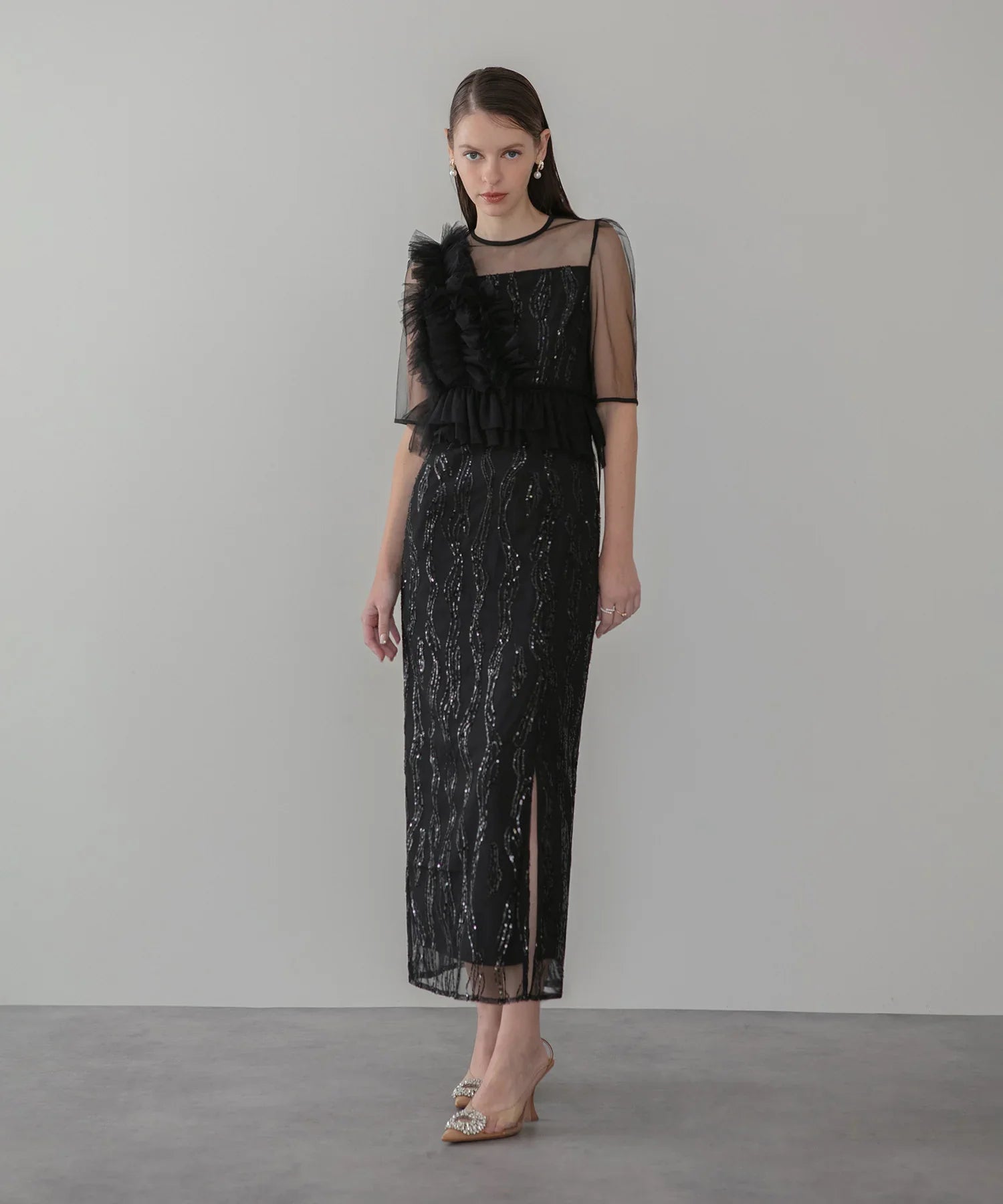 【当日発送】アシンメトリーフリルチュールIラインワンピースドレス