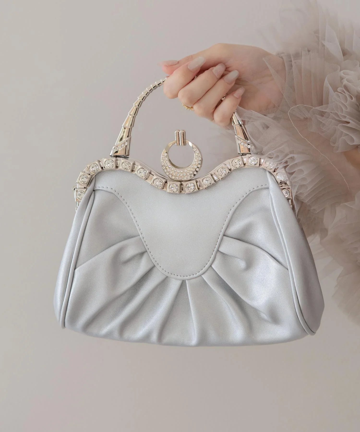 【当日発送】フェイクレザープリーツデザインビジュー2WAYショルダーバッグ